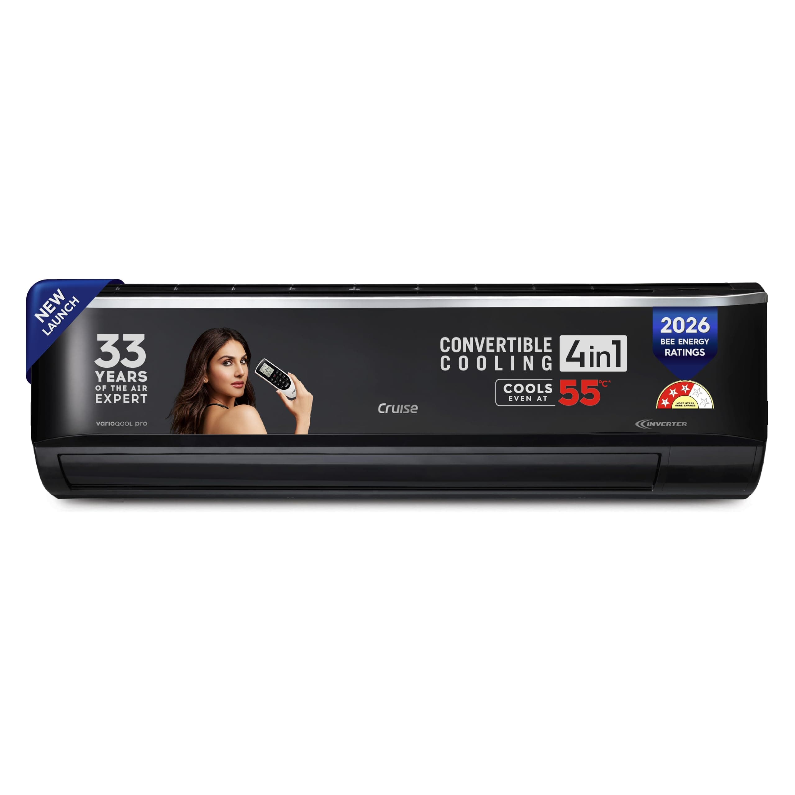Cruise 1.6 Ton 3 Star, New star rated, Black Inverter Split AC (2026 Model, Copper, Convertible 4-in-1, 4-Way Long Airflow, Heavy Duty Cooling at 55 °C, PM 2.5 Filter,CWCVBM-VP3F193BL, Piano Black)