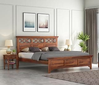 Sheesham Wood Queen Size Bed Without Storage | Solid Wooden Cot Bed | Double Bed Furniture for Bedroom Living Room Home (Honey Teak Finish) (Design 4)