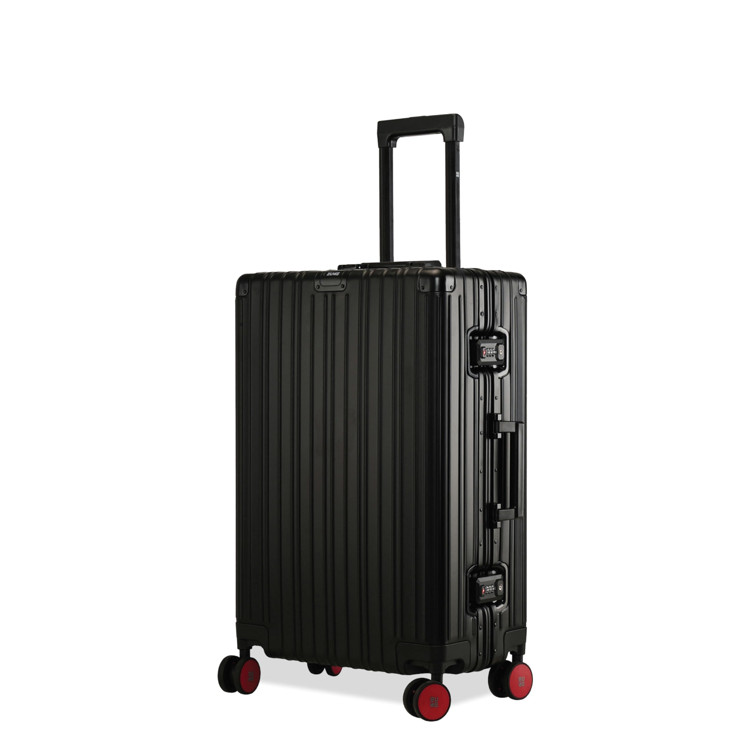 EUME 100% Aluminium Trolley Bag for Travelling| 60cm Luggage Trolley Bag Medium Size for Travel| 8 Silentrun 360 Degree Spinner Wheels System| Premium Trolley Bag for Travel (Black with Red Wheels)