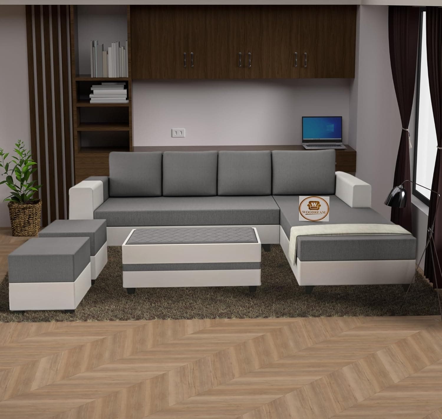 WOODREAM Right Facing Upholstered L Shape 8 Seater Sofa Set | Sectional Swed Fabric Sofa Set with Centre Table, 2 Puffy Ottomans and 4 Small Pillow for Living Room & Drawing Room, Grey & White