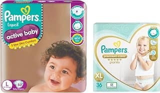 Pampers Active Baby Taped Diapers, Large size diapers, (LG) 50 count, taped style custom fit & Pampers Premium Care Pants, Extra Large size baby diapers (XL), 36 Count, Softest ever Pampers pants