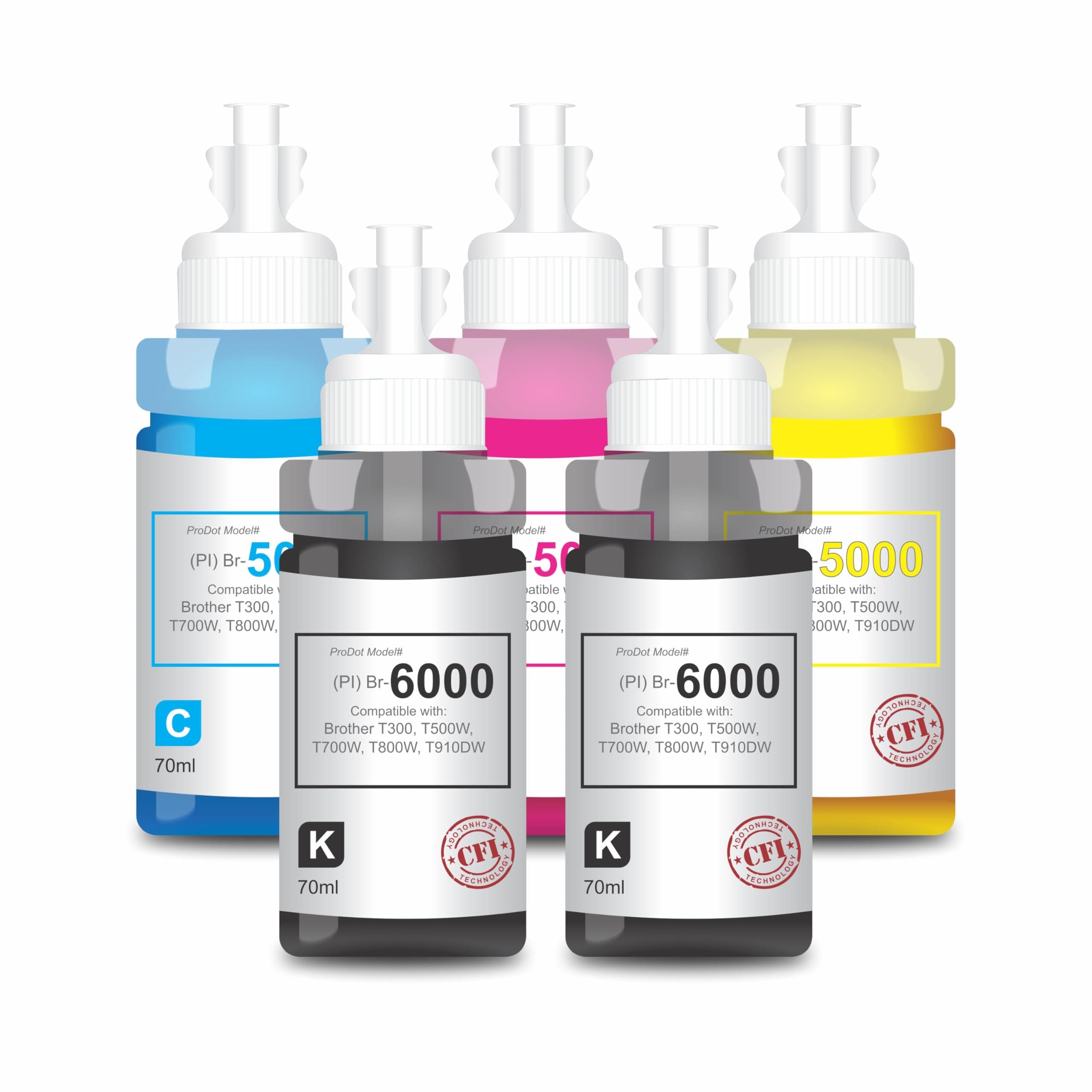 ProDot ProSeries Br B5000/B6000 Inkjet Ink Refill Compatible with Brother DCP- T300, T310, T500W, T510W, T700W, T710W, T800W, T810W, MFC-T910DW, T4000DW, T4500DW Ink Tank Printers (70 ml, CMYKK)