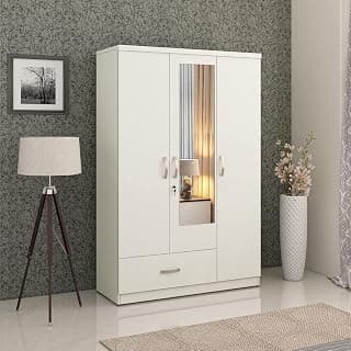 HomeTown Utsav Engineered Wood Three Door Wardrobe with Mirror in White Colour