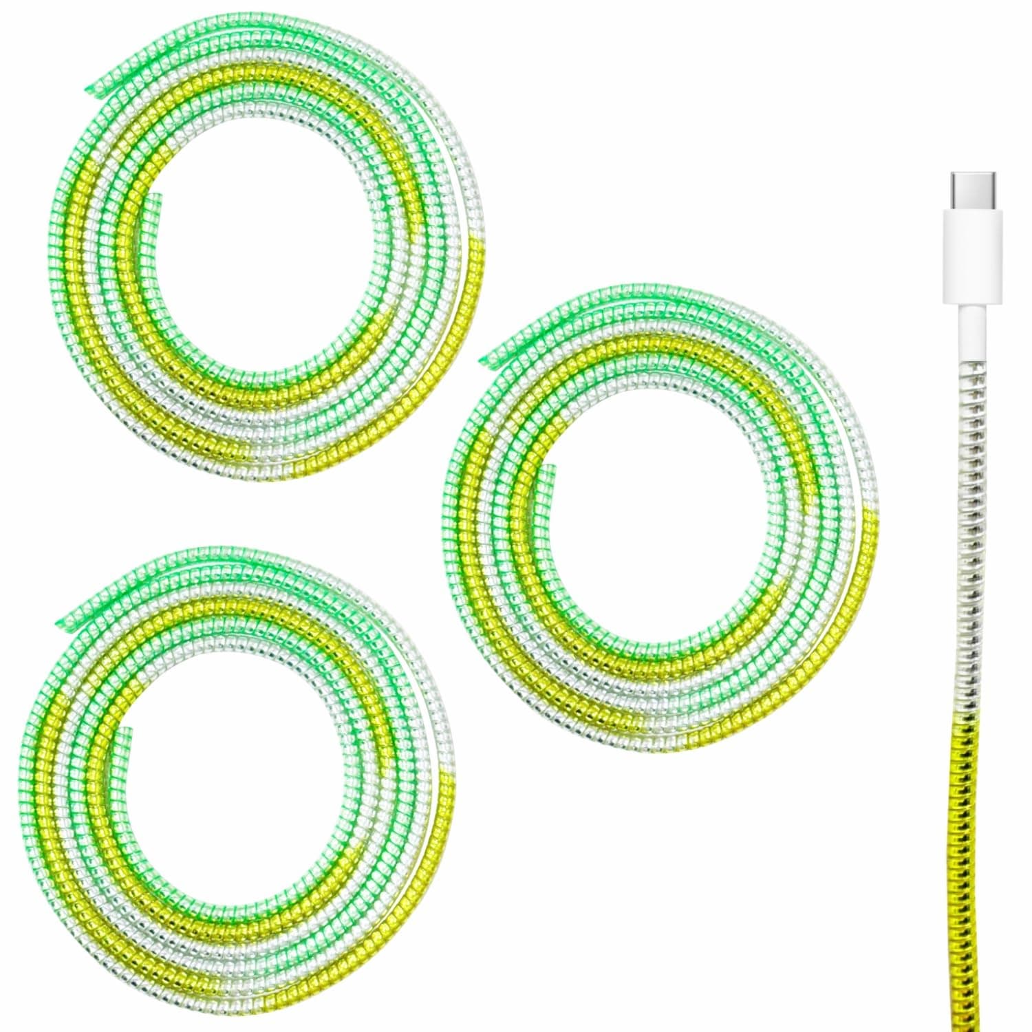 HUMBLE Ultimate Metallic Finish Cable Protector | Spiral Triple Colour 1.5 Meter / 150 cm | Plastic Cord Wire Charger Winder for iPhone and Android Charging Cables (Green-Silver-Yellow) - Pack of 3