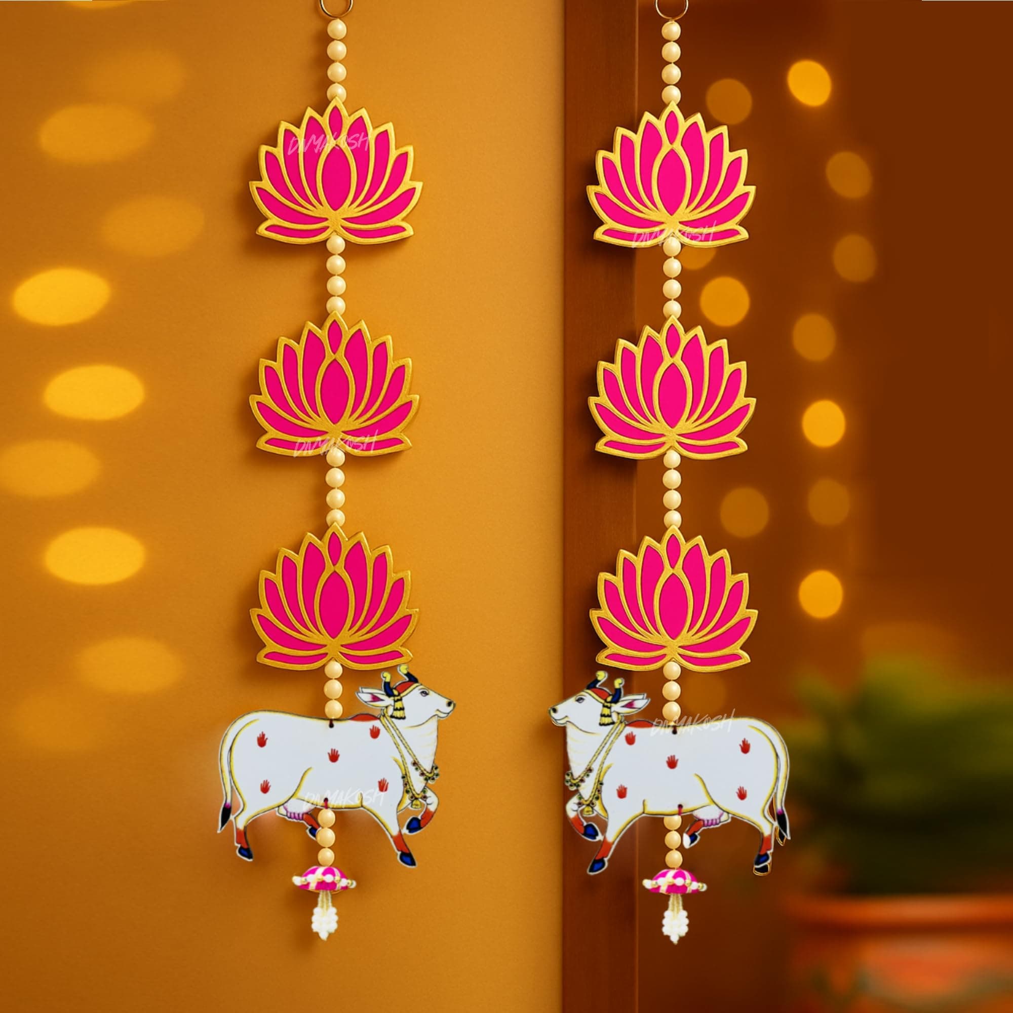 Divyakosh Handmade Lotus with Cow & Jhumki Ganpati Diwali Home Decoration MDF Floral Wall Hangings Temple |1 Pair | 25 Inch Each | Makar Sankranti