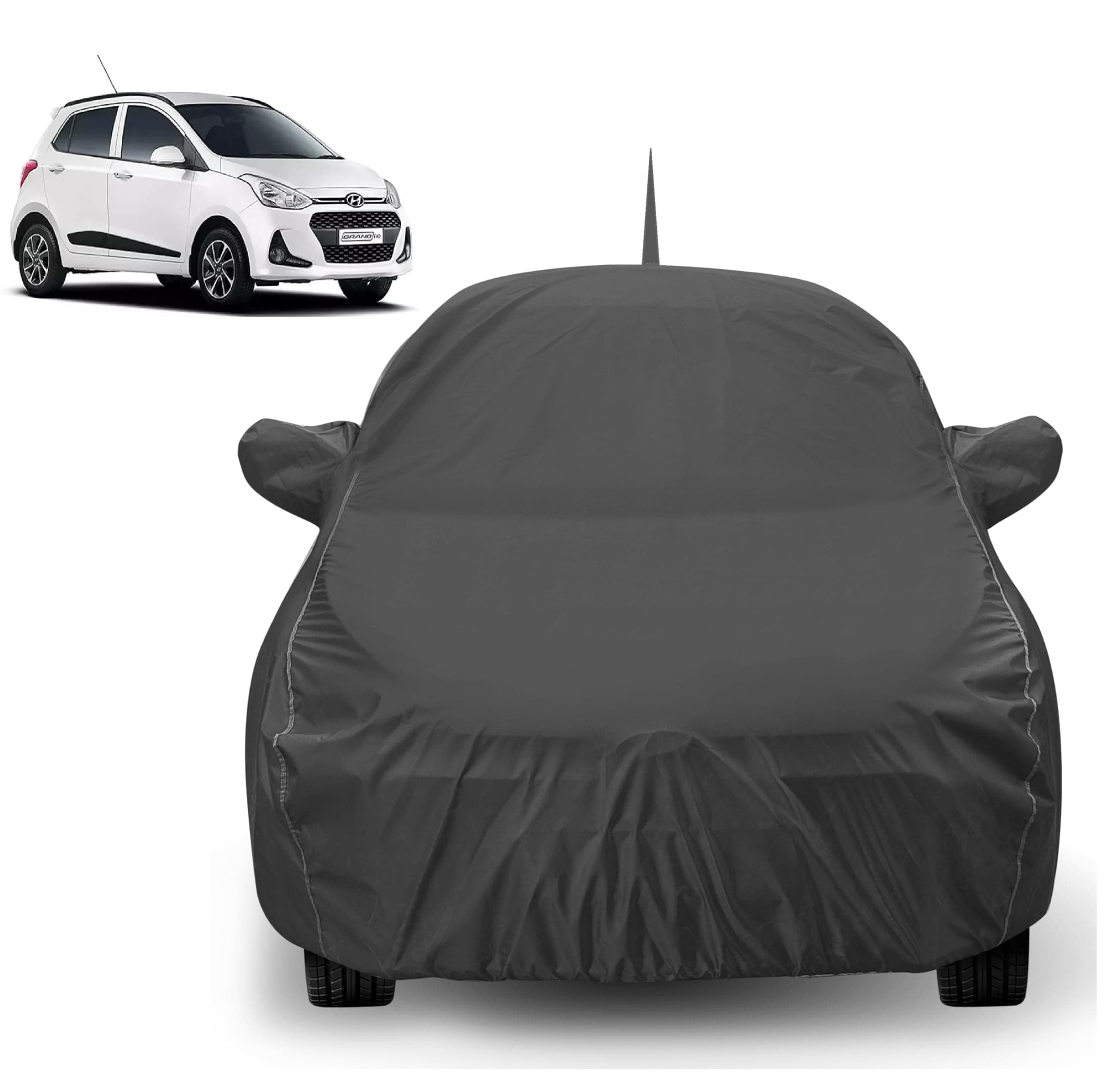 Auto Hub Car Cover Compatible with Hyundai Grand I10 with Mirror & Antenna Pocket, Dustproof, Heat Resistant, Triple Stitched, Grand I10 Car Cover- Grey