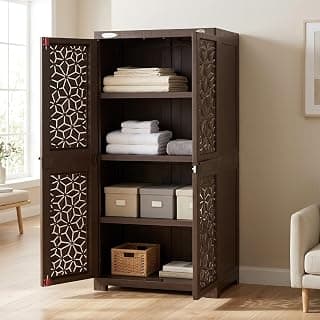 Nilkamal Freedom FMM Star Plastic Wardrobe | 4-Shelf Storage Cupboard with Doors | 3-Year Warranty|Clothes Organizer|Almirah|for Home, Living Room, Bed Room|Adult & Kids| Weather Brown/Biscuit