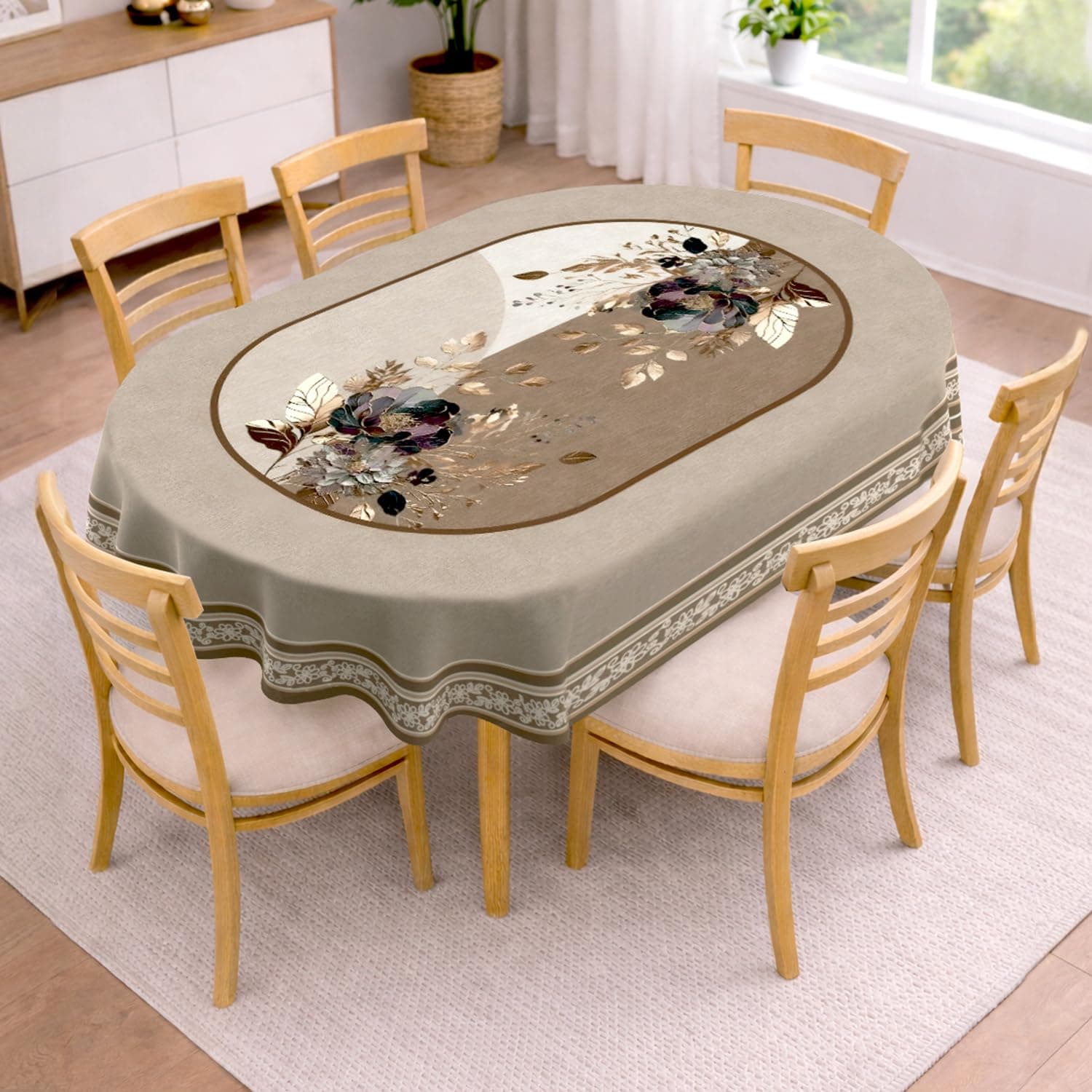 Cloth Fusion Velvet Oval Dining Table Cover 6 Seater, 60x90 Inch, Taupe | Gold Foil Floral Motif on Centre Panel, Two-Tone Design with Border All Around, Soft Touch & Smooth Texture Cloth