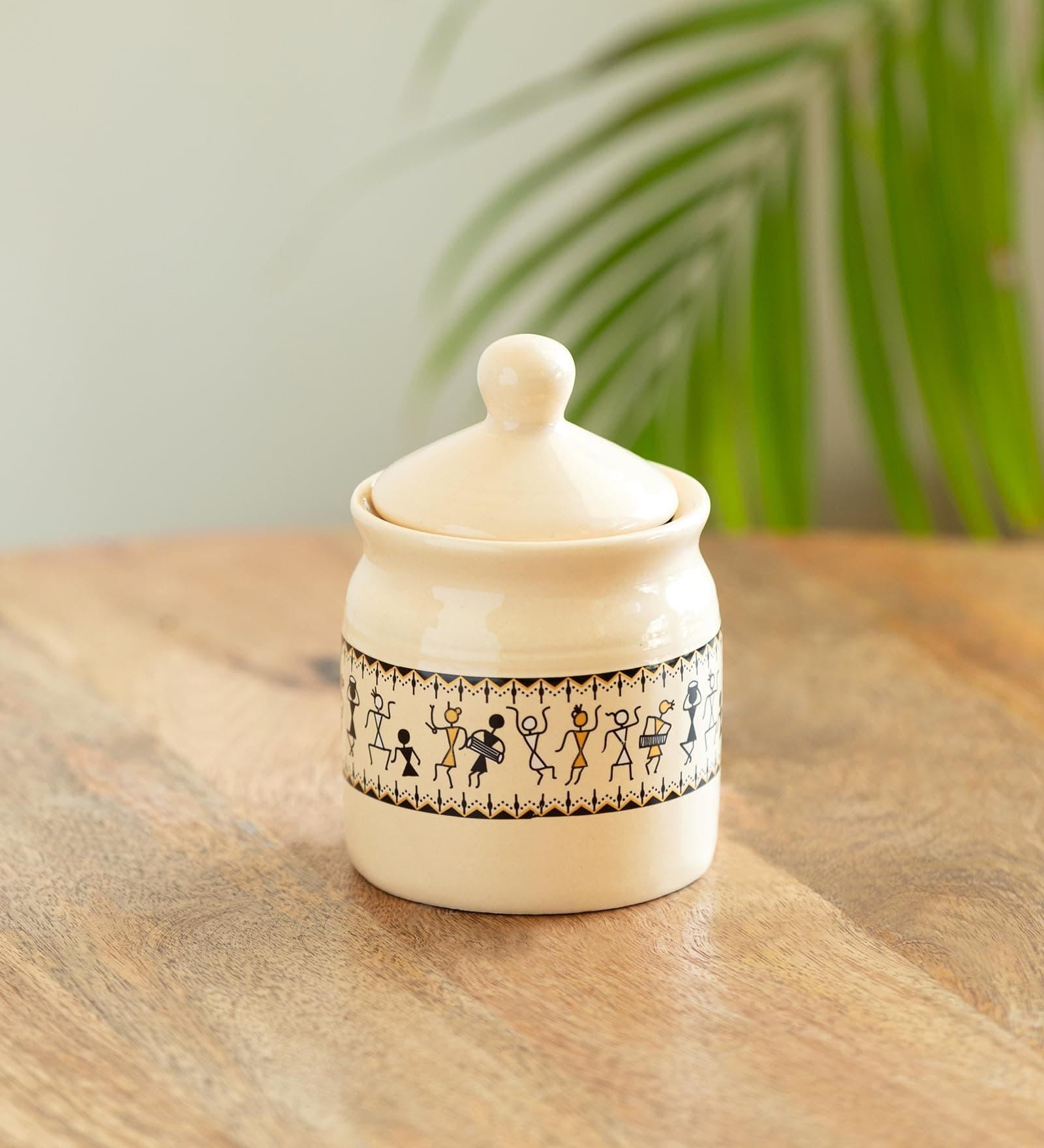 ExclusiveLane 'Art Of Warli' Ceramic Pickle Jars for Dining Table Ceramic Container with Lid(Non Air-Tight,280 ml)| Jars for Kitchen Storage Pickle Jar for Storage Chutney Jar Achar Barni,Multicolor