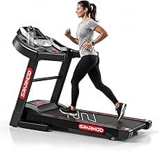 Sparnod Fitness STH-1200 Motorized Treadmill for Home Use, 4 HP Peak DC Motor, Bluetooth,12 km/hr Speed, 110 kg Max User Weight, 12 Preset Workouts, Manual Incline, Hi-Fi Speaker, Safety Key