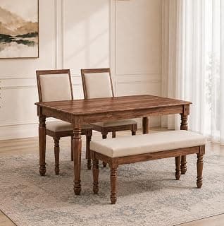 Sheesham Wood 4 Seater Dining Set | Includes 2 Cushion Chairs & 1 Cushion Bench | Solid Wood Dining Table Set for Dining Room(Honey Brown Finishing)