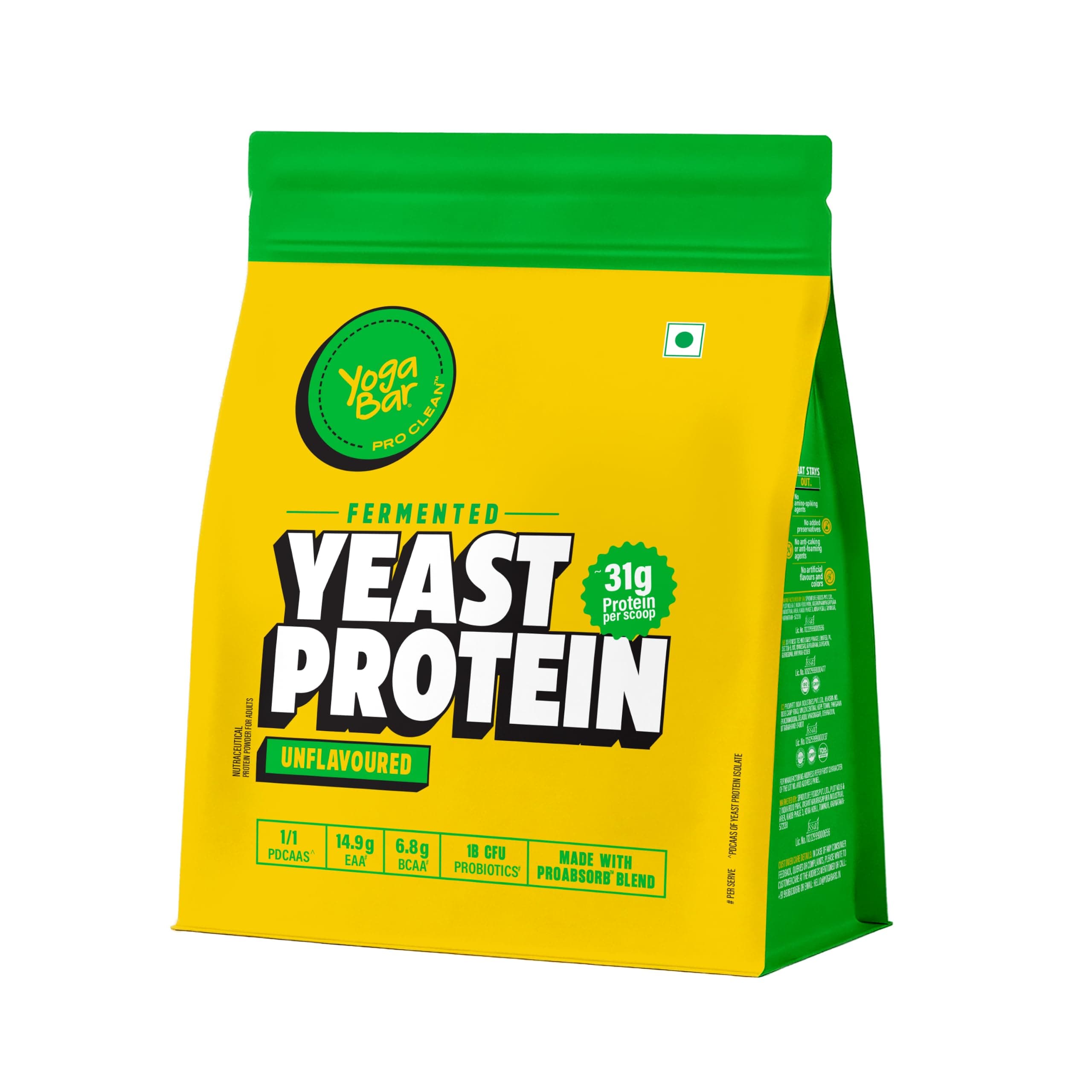 Yogabar Fermented Yeast Protein Powder|31g Protein|Complete Protein Supplement|High Absorption, No Bloating, Gut Friendly|Unflavoured|PDCASS 1|500g