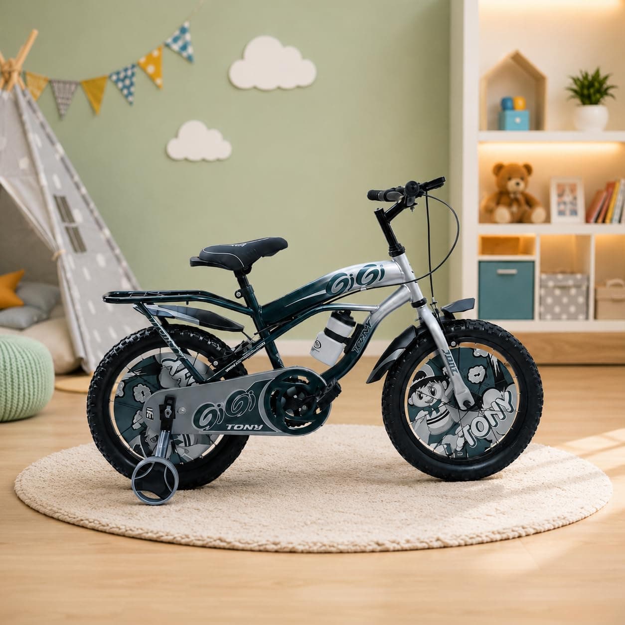 TONY RAW Bicycles Sports Gigi 16T BMX Single Speed Bicycle Cycle for Kids 5 Years to 8 Years Boys & Girls with Training Side Wheels Water Sipper (Grey Silver)