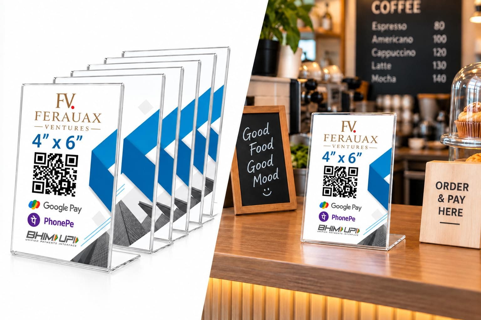 FERAUAX (Pack of 5) Acrylic QR Code Scanner Stand & Sign Holder, (4x6 Inch) Clear Tabletop Display – Perfect for Google Pay, PhonePe, BHIM UPI Payments, Restaurant Menus, & Photo Frames