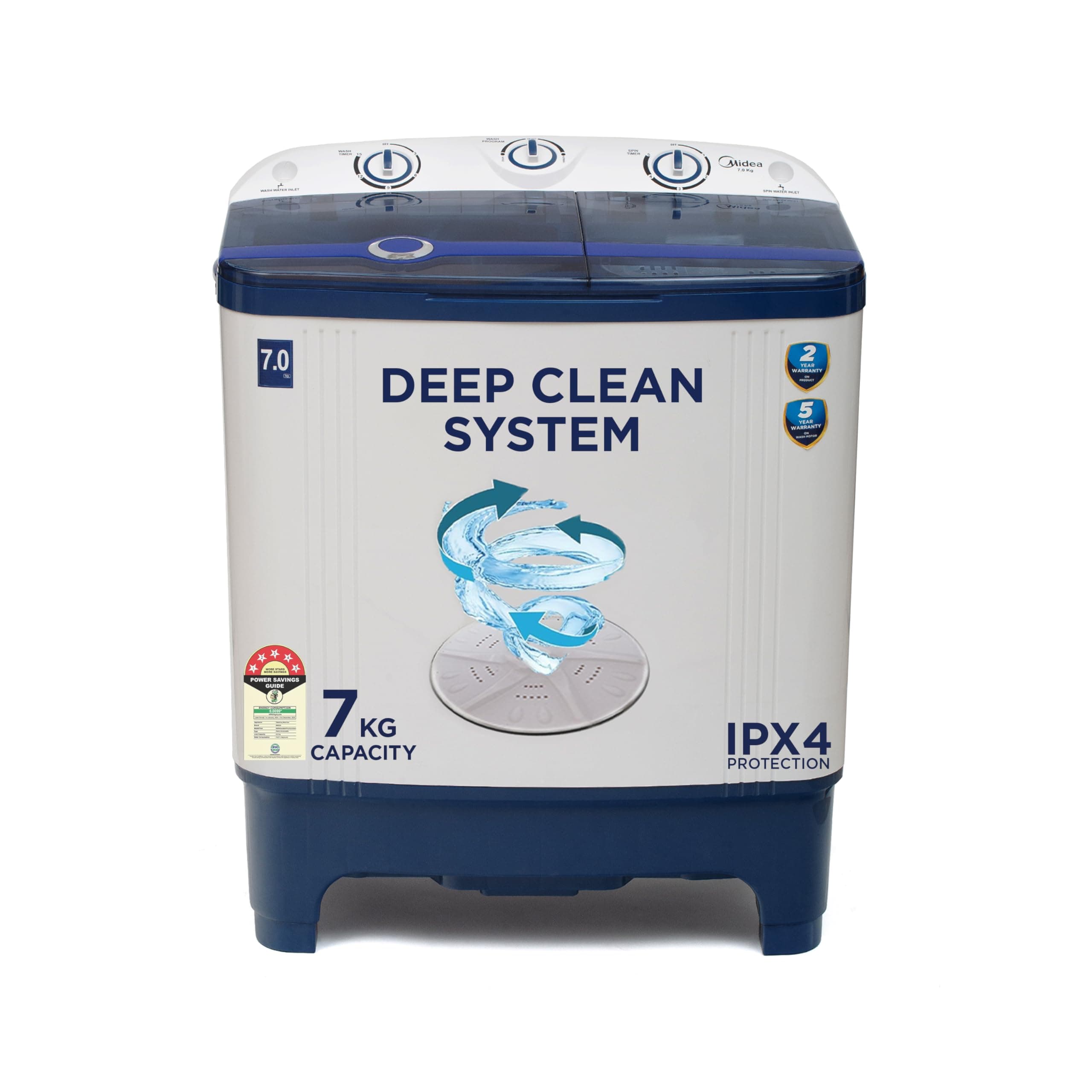 Midea 7 kg 5 Star Semi Automatic Top Load Washing Machine Blue (MWMSA070PPG(BW), Rat Away Feature)