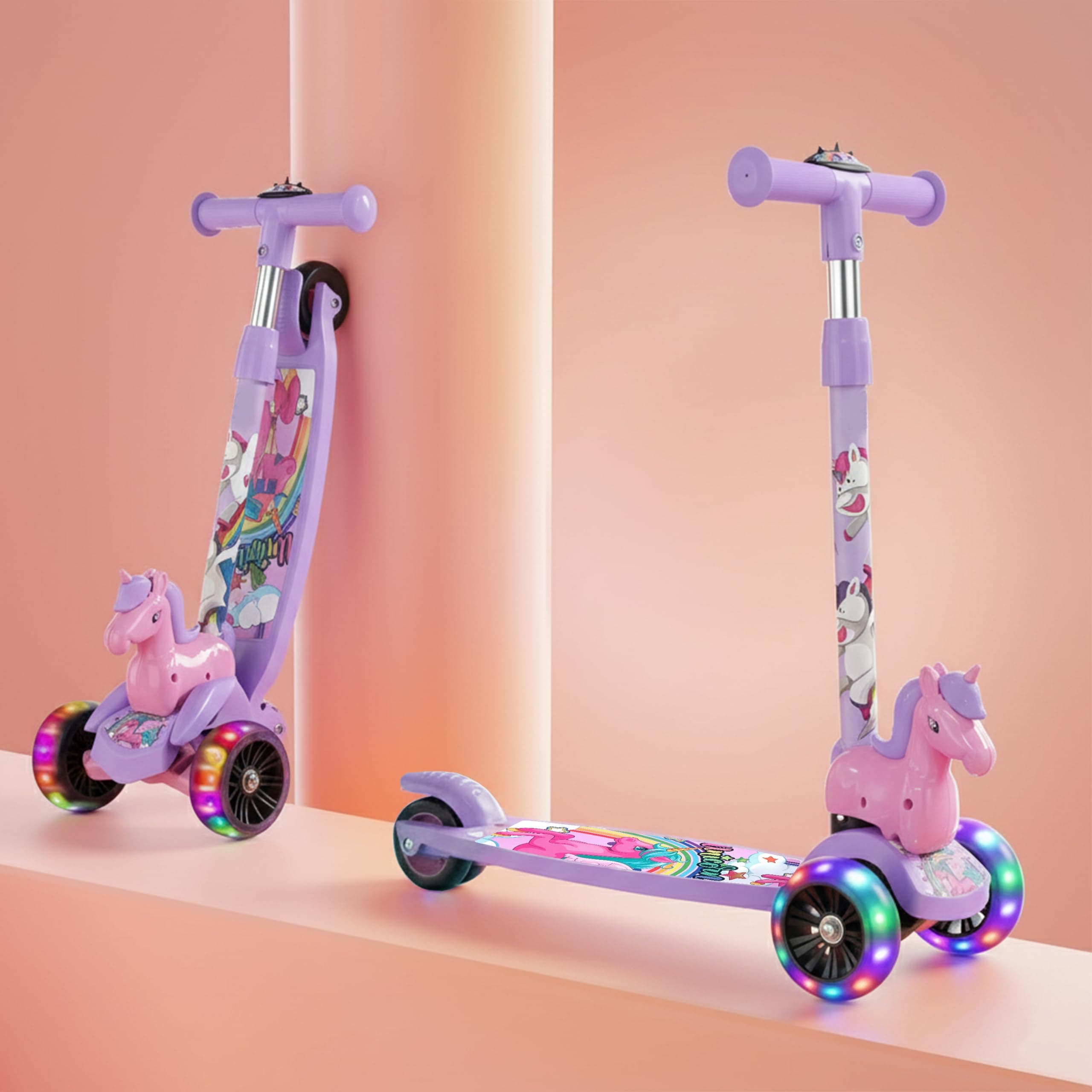 Kidsmate Unicorn Kick Scooter for Kids Age 3-8 Years | 3-Level Adjustable Height & LED Flashing Wheels | Wide Non-Slip Deck & Rear Push Brake | Foldable Kids Scooters for Boys & Girls - Purple