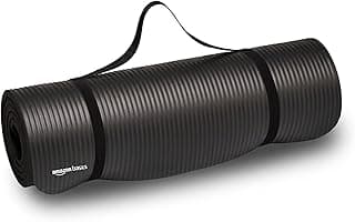 Amazon Basics NBR Yoga & Exercise Mat with Carrying Strap | 15 mm Extra Thick Cushioned Support | Non-Slip Textured Surface | Durable Foam Rubber Material | Floor Protection | Ideal for Yoga, Pilates & Home Workouts | 183 x 61 cm | Black