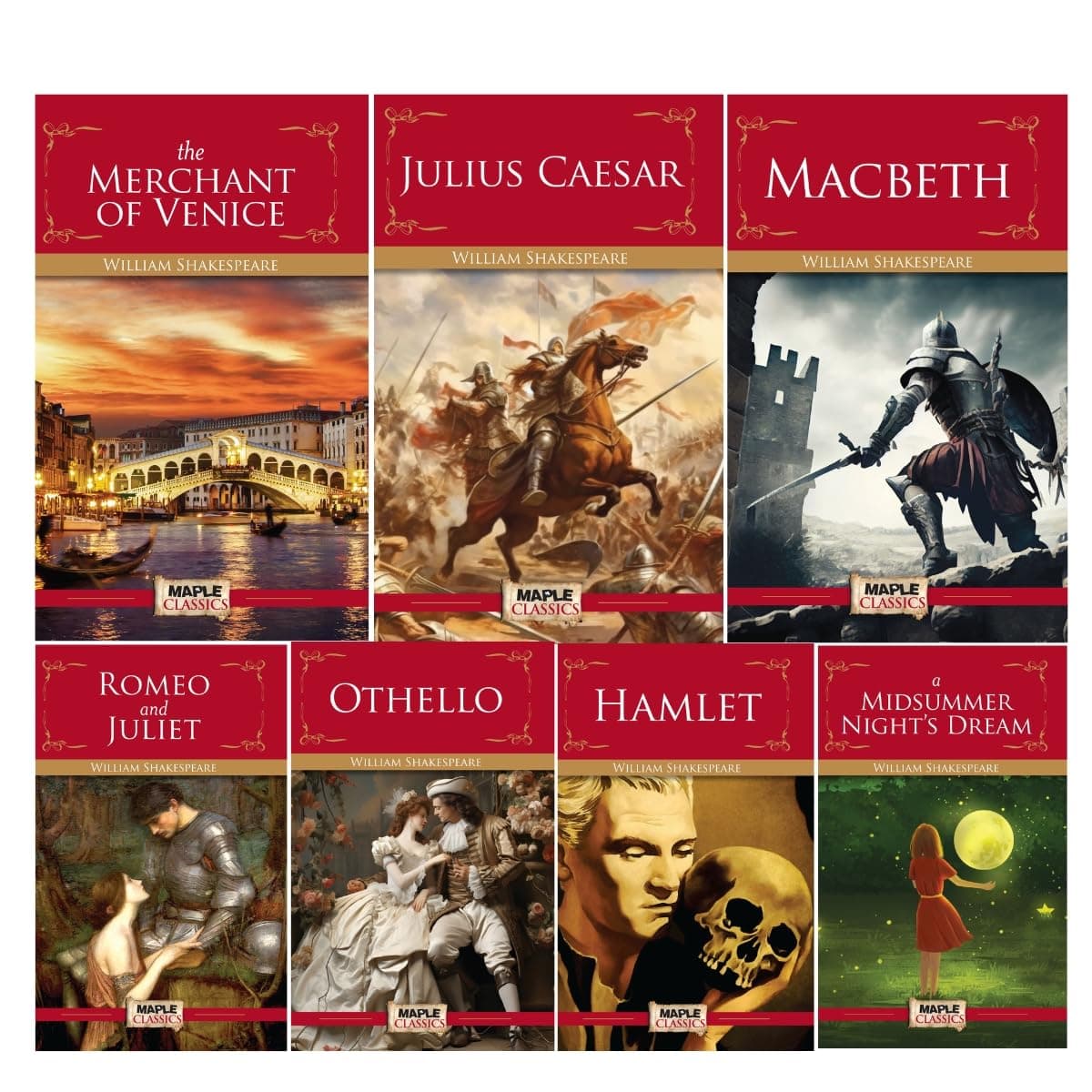 William Shakespeare (Set of 7 Books) - Othello, Romeo and Juliet, Hamlet, Macbeth, The Merchant of Venice, A Midsummer Night's Dream, Julius Caesar
