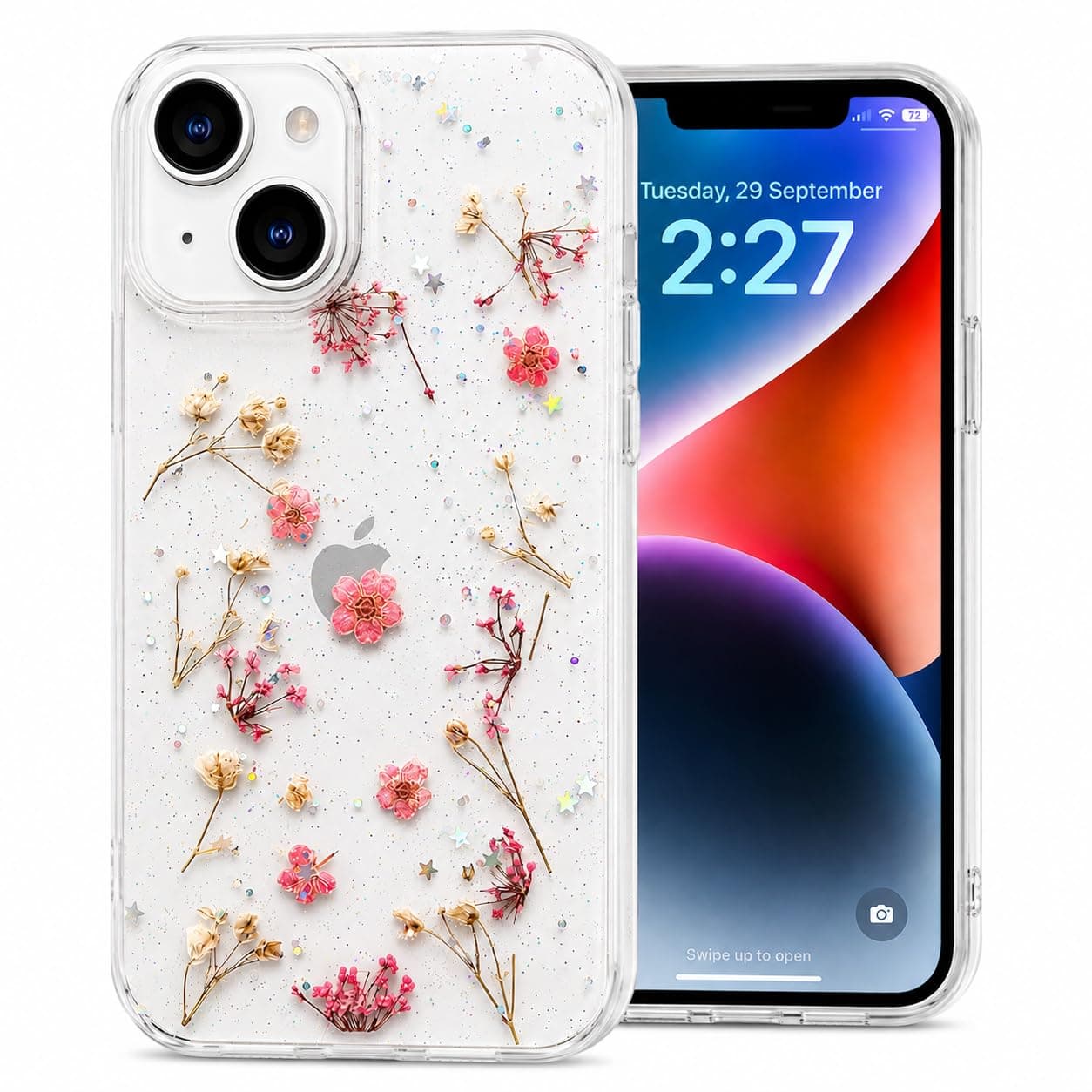 Enflamo Soft Clear Flexible Silicone Pressed Dry Real Flowers Case Glitter Floral Back Cover for iPhone 13 (Pink)