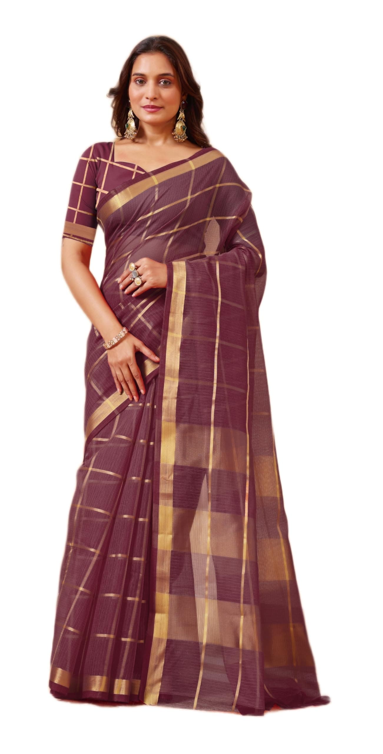StyleScope Women's Kota Doria Cotton Zari Checks Manipuri Saree With Unstitched Blouse Piece (Malanng)