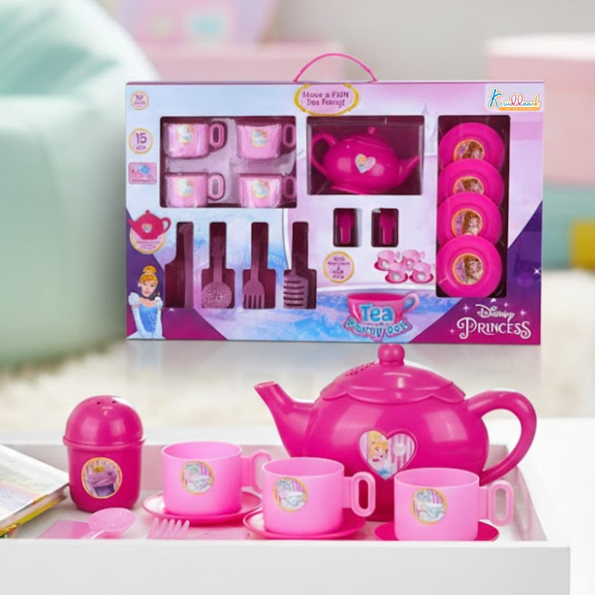 Kriiddaank Disney Princess Tea Party Set - 15 Piece Pretend Play Kitchen Toy with Electronic Kettle, Realistic Boiling Sounds & Music - Non-Toxic & Child Safe|Birthday Gift for Kids Ages 3+