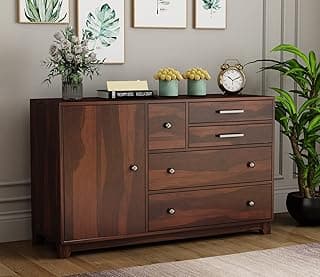 Solid Sheesham Wood Wooden Sideboard Cabinet & Chest of Drawers with 4 Drawer and 3 Shelve Storage | Multipurpose Storage Cabinet Rack for Bedroom Home Living Room (Design 2)