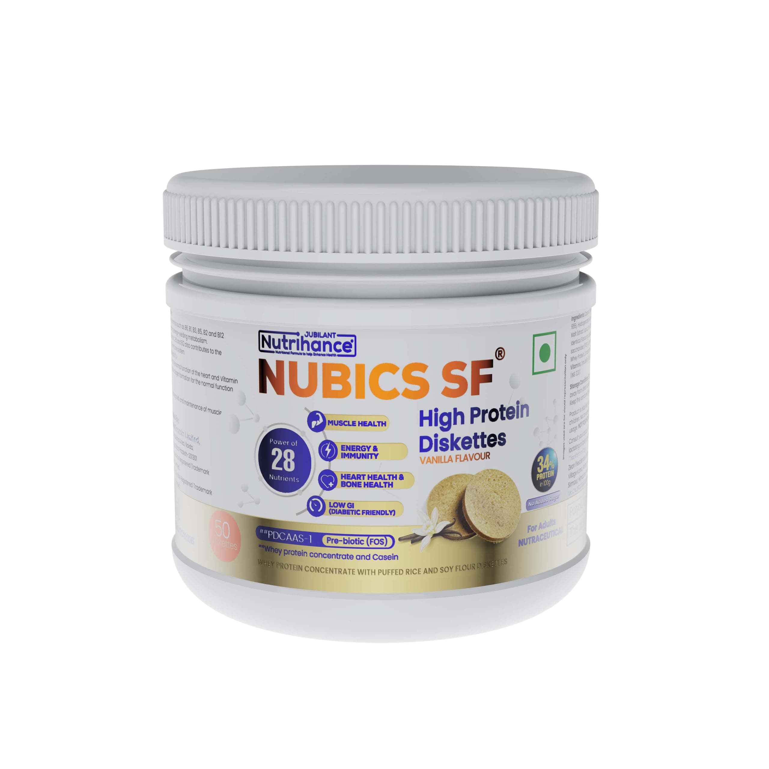 Nubics-SF High Protein Diskettes | 250g (50 Diskettes) | High Protein (34%), Whey Protein & Casein | PDCAAS-1 | No Added Sugar | With Prebiotic, Vitamins & Minerals | Vanilla Flavour | 100% Veg