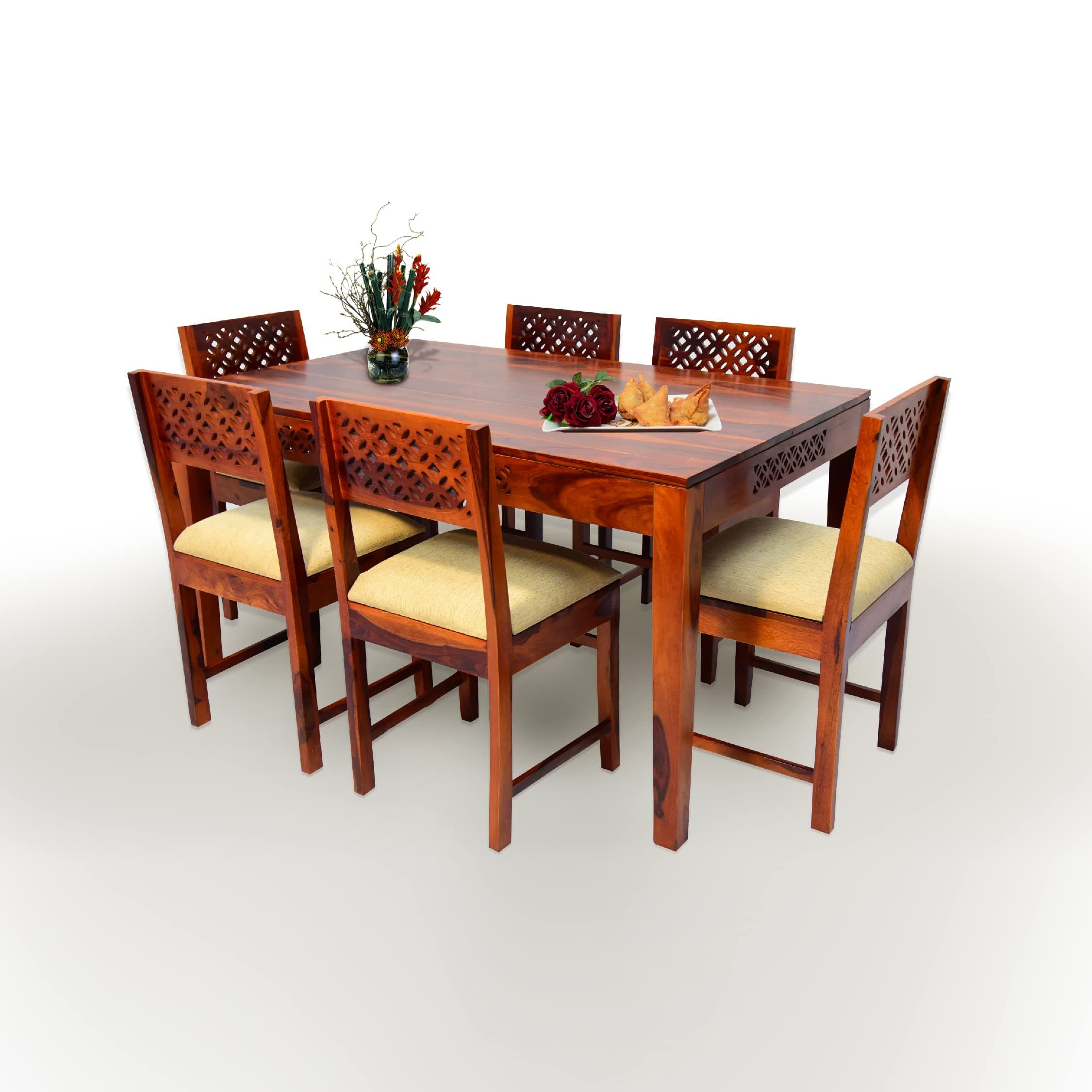 WOODY Furniture™ Sheesham Wood 6 Seater Dining Table with Cushion Chairs Wooden Dining Room Set Six Seater Dinner Table Furniture for Living Room Home and Restaurant | Teak Finish