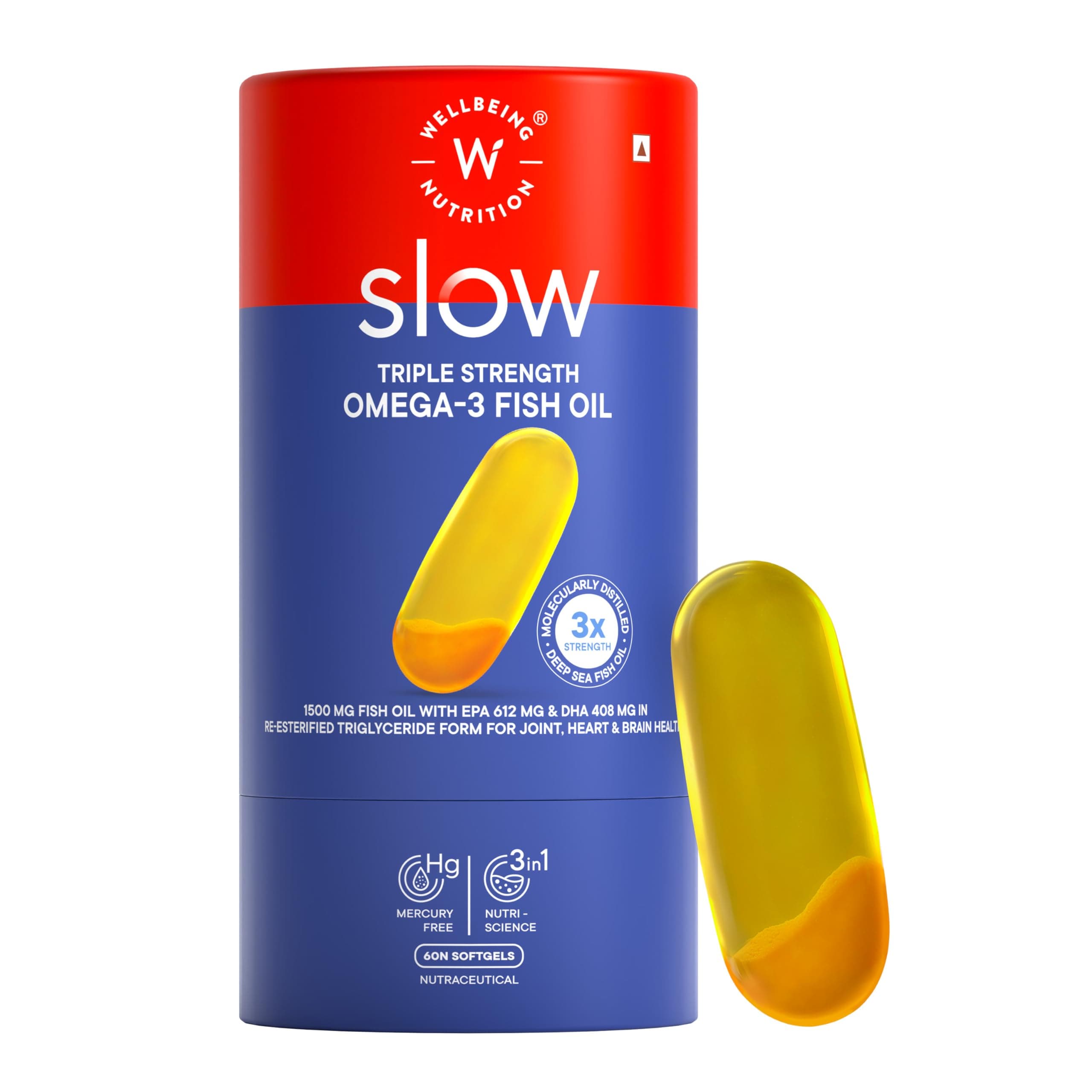 Wellbeing Nutrition Slow 3x Strength Omega 3 Fish Oil Capsules | 1500mg with EPA 612mg, DHA 408mg & Curcumin for Men & Women | No Fishy Burp | For Brain, Heart, & Joint Health, 60 Softgels