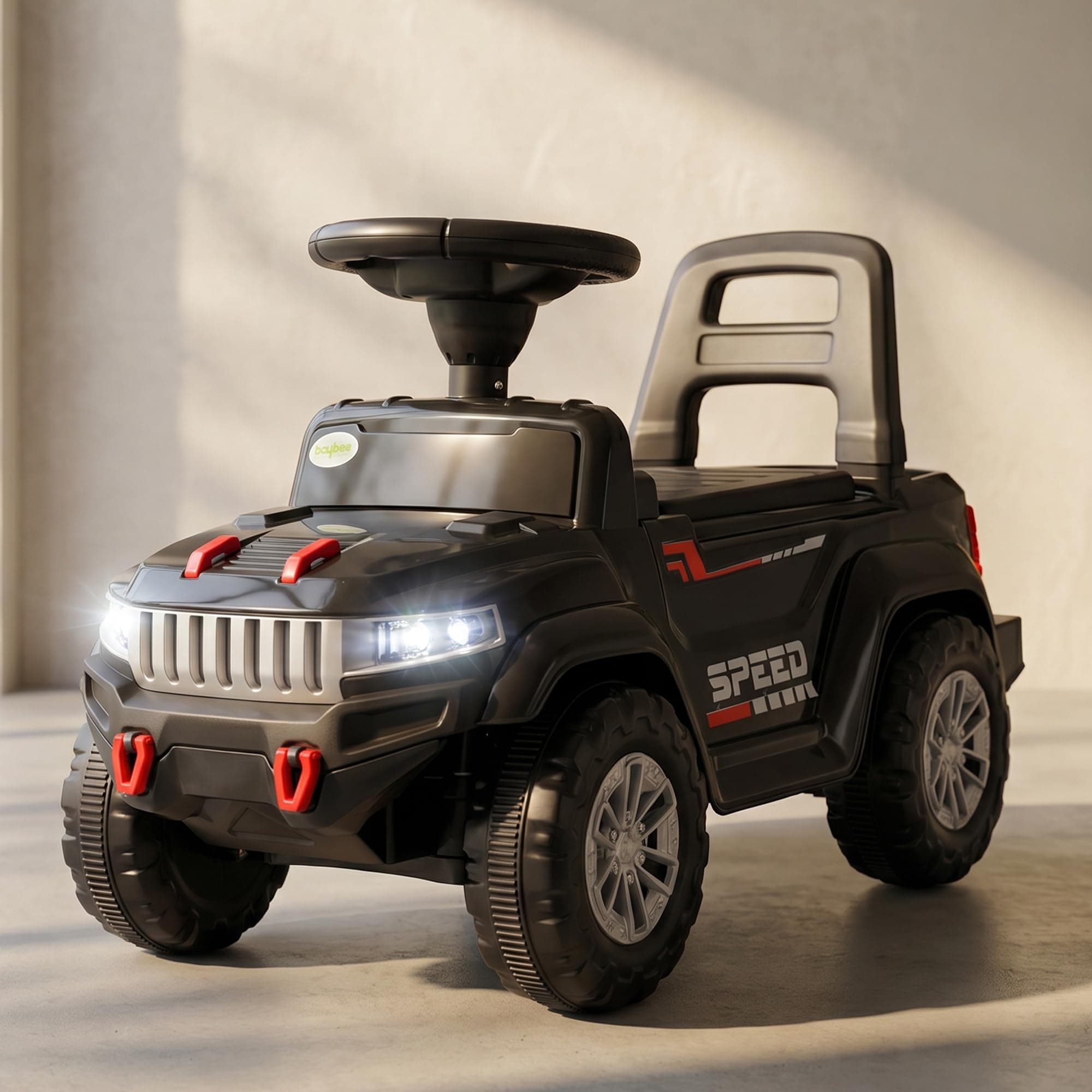 Baybee Speedy Baby Ride on Car for Kids | Push Rideons Toys Car with Music & LED Light | Portable Ride on Jeep with Backrest & Storage Basket | Kids Car to Drive 1-3 Years Boys Girls (Black)