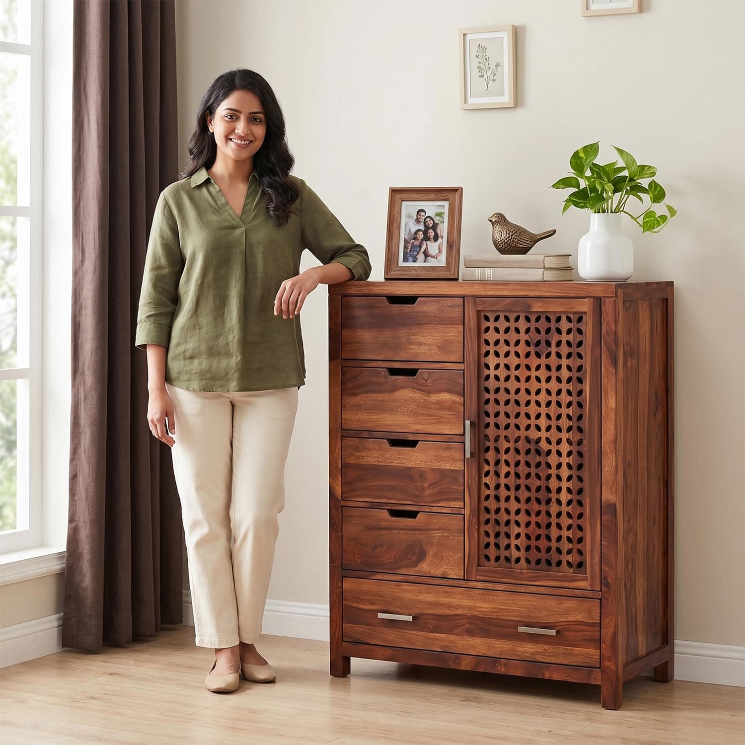 Amazon Brand - Solimo Solid Sheesham Wood Truva Sideboard Cabinet with 5 Drawers & 1-Door Storage | Storage Cabinet for Living Room, Kitchen & Bedroom Organizer Chest of Drawers (Honey Finish)