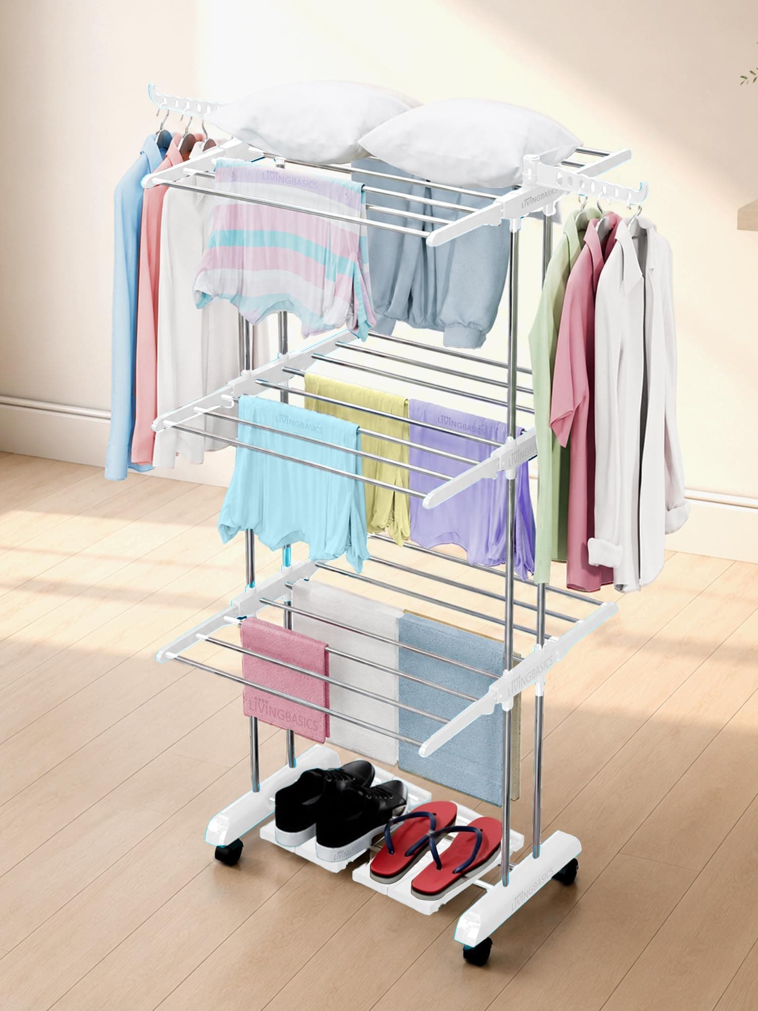 LIVINGBASICS 3 Layer Clothes Stand for Drying, Snow White + 4 Shoe Shelves