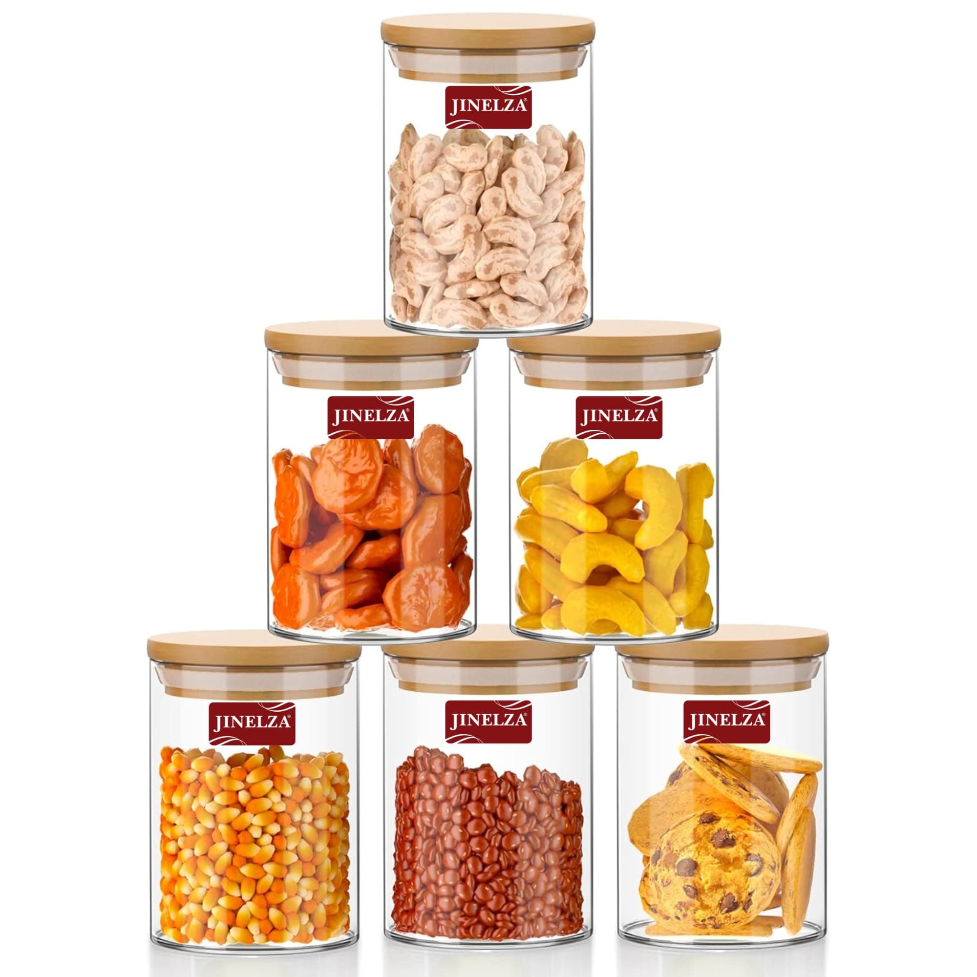 Jinelza Glass Jars Air Tight Canister Borosilicate Kitchen Food Storage Container Set With Natural Bamboo Lids For Candy, Cookie, Rice, Sugar, Flour, Pasta, Nuts (270Ml Jars, 6 Pcs), Transparent