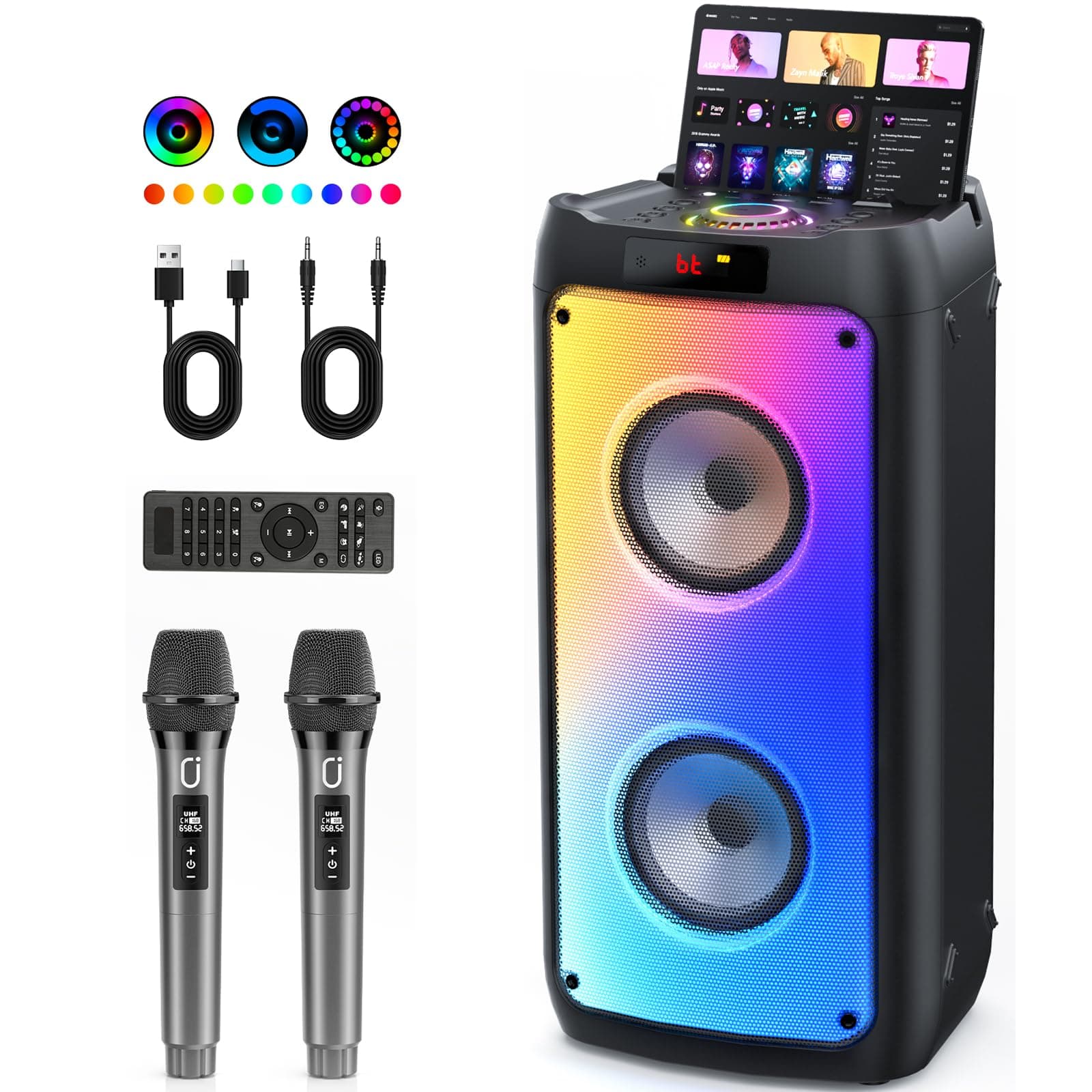 JYX 260W Trolley Party Speaker, 12 Hours Playtime with 2 UHF Wireless Mics, Bluetooth v5.3, Karaoke Party Box, TWS, 6.35mm Guitar Mic Inputs & 7 Band EQ Control, AUX & USB Type-C Port, RGB LED Lights