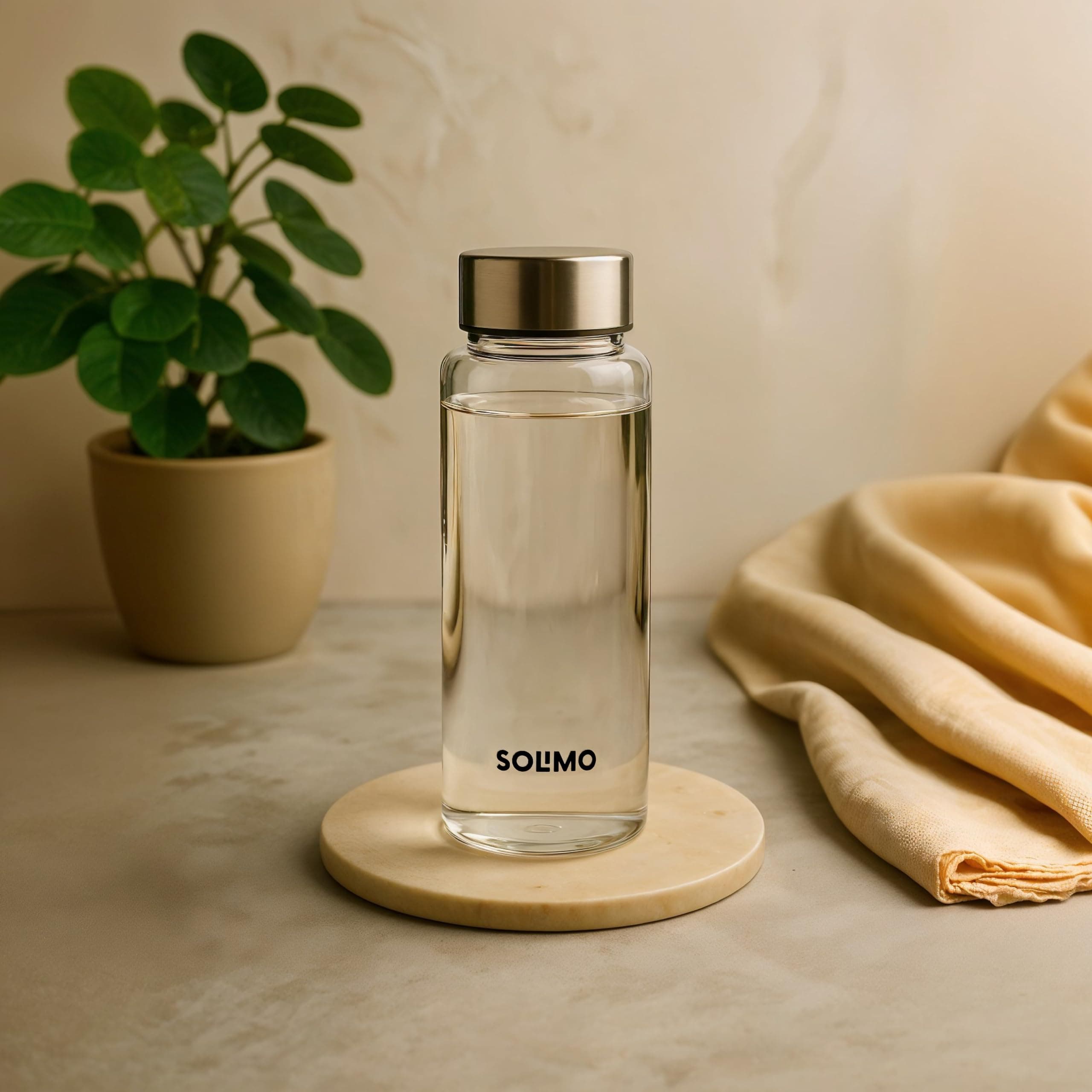 Amazon Brand - Solimo Borosilicate Glass Fridge Water Bottle | Leak Proof | Stainless Steel Jacketed Cap | Toxin-Free | Thermal Shock Resistant | Odour Neutral | Foam Cover (350 ml)
