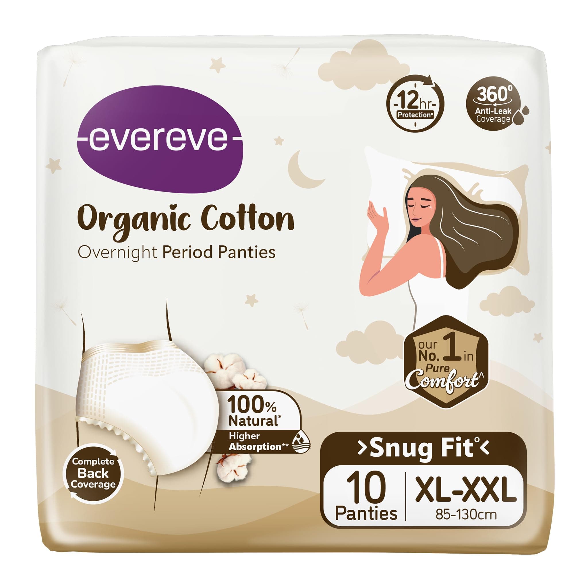 Evereve Organic Cotton Period Panty for Girls & Women, (XL-XXL), 10 Pcs, 360 Degree Overnight Coverage, 100% Natural Comfort, High Absorbency for Heavy Flow, Maternity Postpartum Disposable Panty