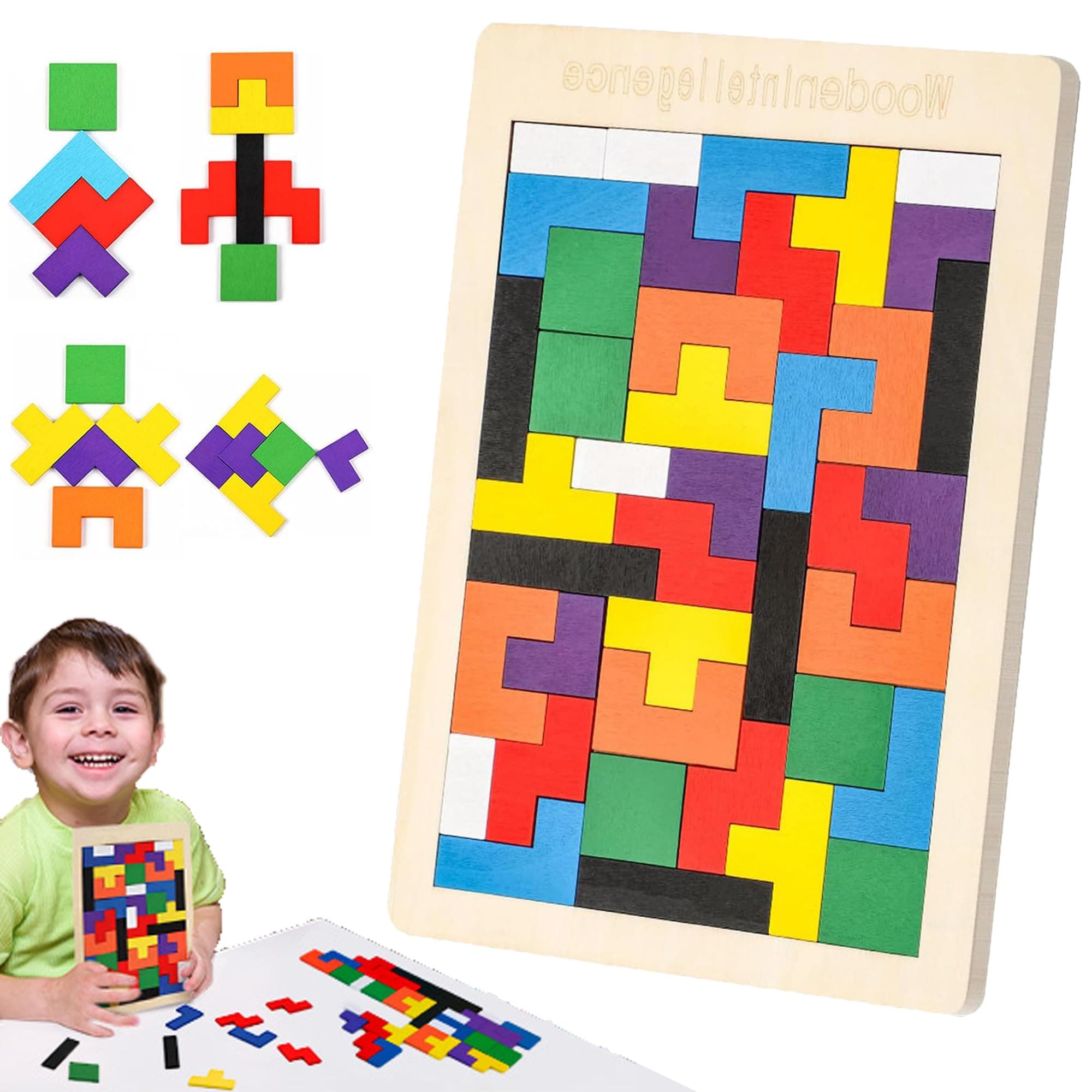 KLIFFOO Wooden Russian Blocks Puzzles for Kids Adults, Montessori Toy Brain Teaser Pattern Block Toys for 2-5 Years, Color & Shape Learning Tangram Jigsaw Intelligence Toddlers Toys