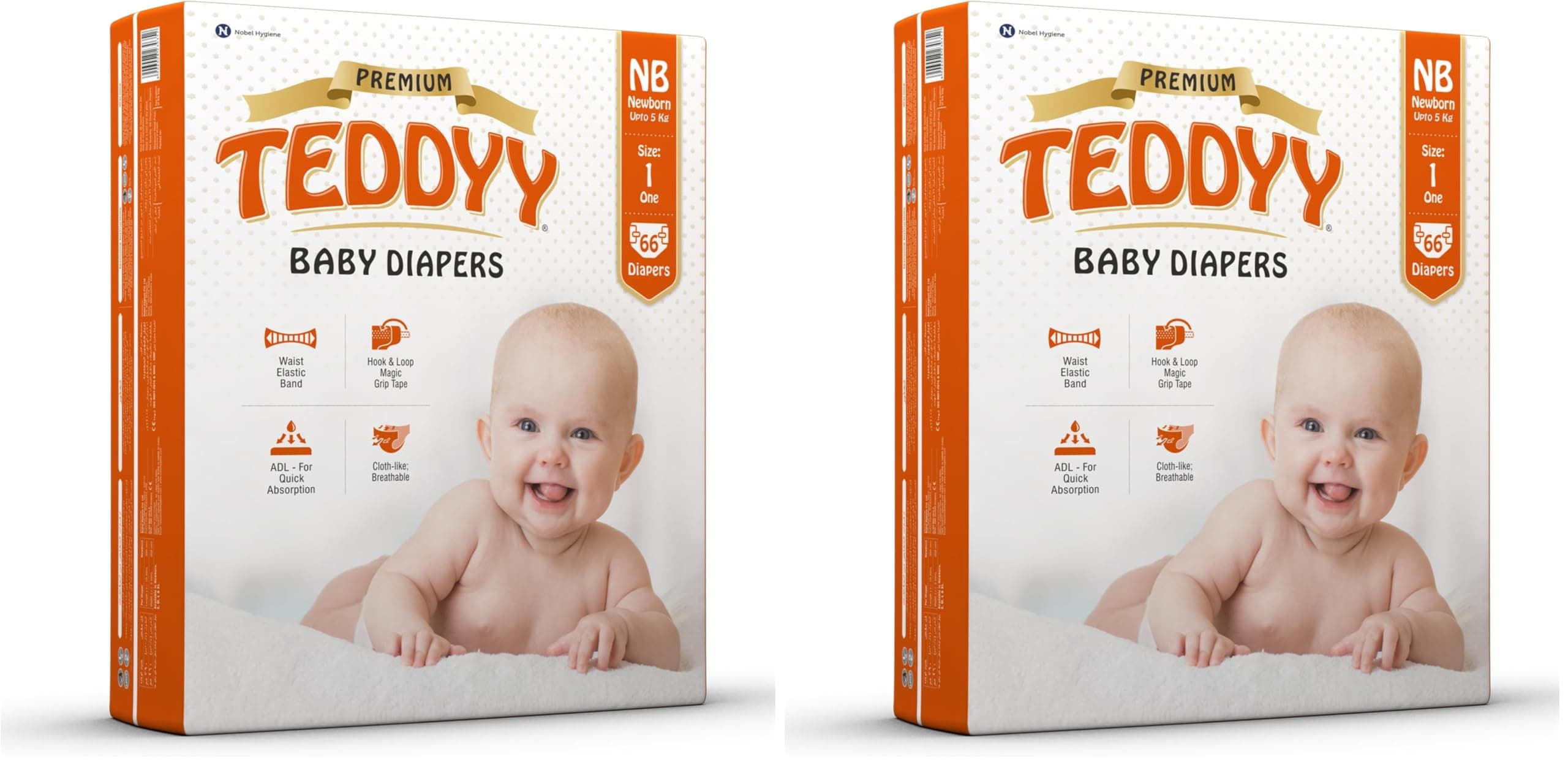 TEDDYY Baby Diapers Tapes Arabic Premium New Born 66 Count (Pack of 2), 2-5 kgs, High Absorbency, Anti - Bacterial