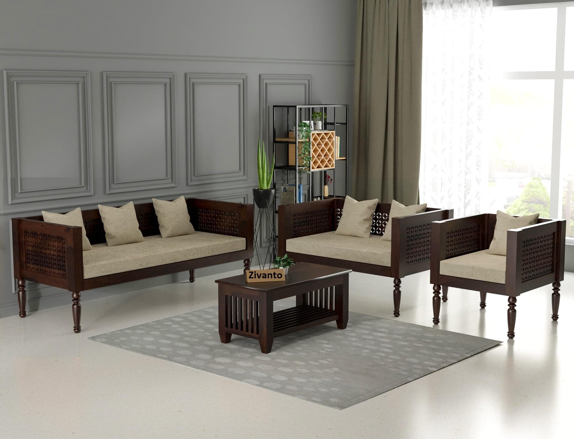 Zivanto Wooden 6 Seater Sofa Set for Living Room & Drawing Room | Solid Sheesham Wood Six Seater Sofa Set Without Small Pillow | Cushion Color: Beige, Finish: Walnut 3+2+1