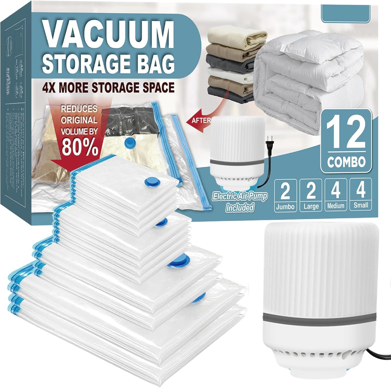 RAVIDO 12PCS (Jumbo/Large/Medium/Small) Vacuum Storage Bags with Electric Pump, Space Saver Bag Vacuum Seal Bags with Pump, Space Bag, Vacuum Sealer Bags for Clothes, Comforters, Blankets, Bedding