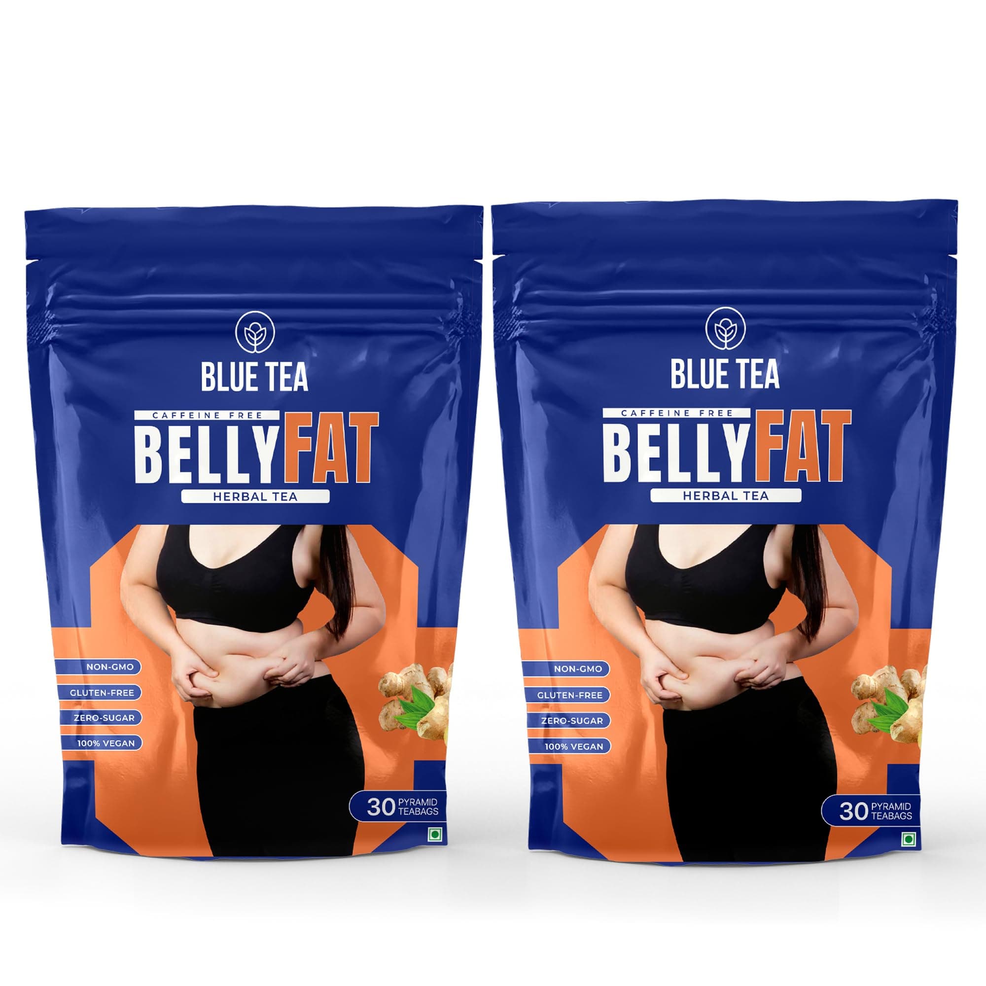 BLUE TEA - Belly Tea - 30 Tea Bags (Pack of 2) - Pyramid Plant Based | Caffeine Free - Herbal Tea - Sugar Free | | Zipper Pack