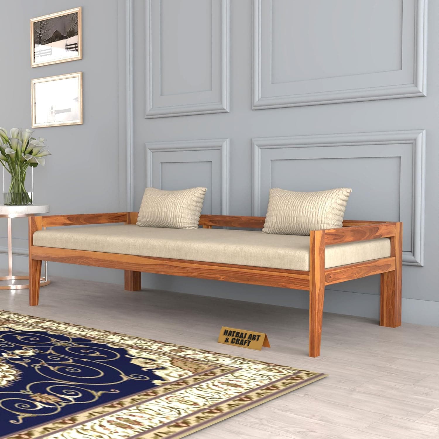 NATRAJ ART & CRAFT Solid Wood Divan Bed for Living Room, Divan Single Bed for Drawing Room, Single Sheesham Bed Without Storage,Natural Teak Finish