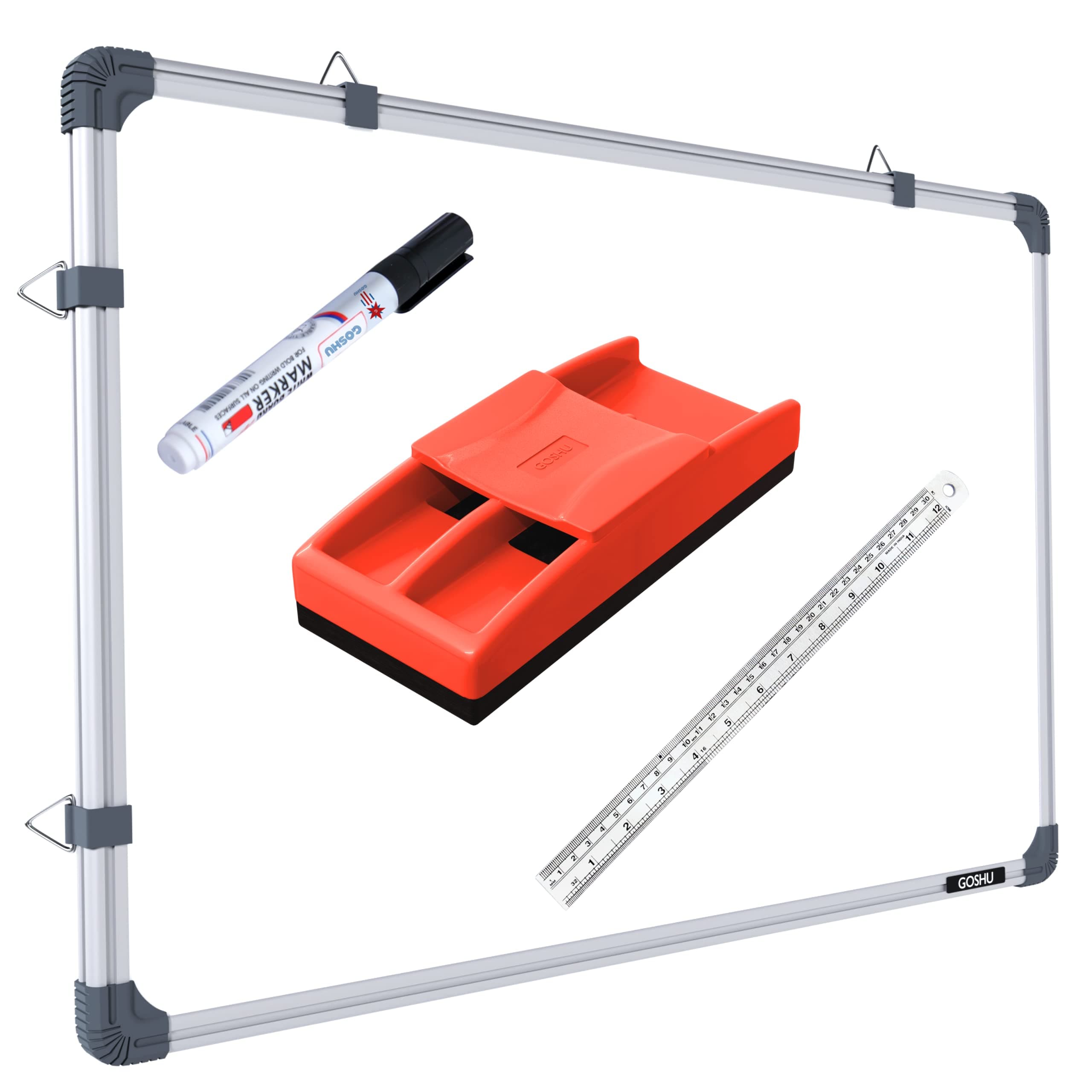 GOSHU Aluminium Non Magnetic 6 Feet X4 Feet Double Sided White Board And Chalk Board Both Side Writing Boards Includes Non-Magnetic Duster,One Black Ink Marker And 30Cm Scale(6X4 Feet,Pack Of 4 Items)