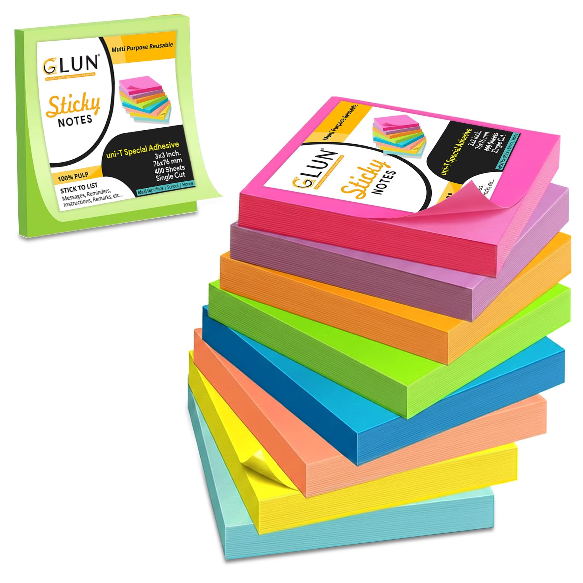 GLUN® Pack of 400 Bright Neon Sticky Note Sheets (3x3 Inch) Extra Strong Adhesive Memo Pads for Reminders, Lists & Study Notes