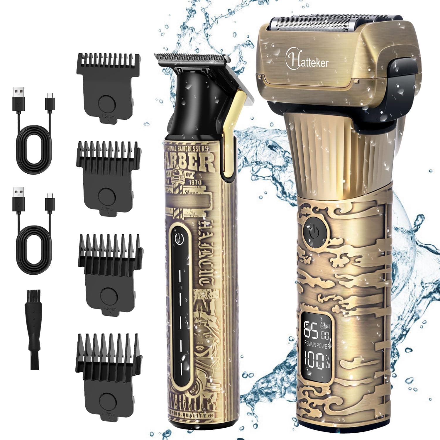 Hatteker Foil Electric Razor Men's Shaver T-Blade Trimmer Beard Clipper Hair Clipper LED Display Waterproof Wet/Dry Kit 2 in 1, Bronze, 607us
