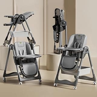 BAYBEE 3 in 1 Baby High Chair for Kids, Baby Feeding Chair with 8 Height Adjustable, Footrest, Tray, 160° Recline, 5 Point Safety Belt & Wheels | Kids High Chair for Baby 0 Months to 6 Years (Grey)