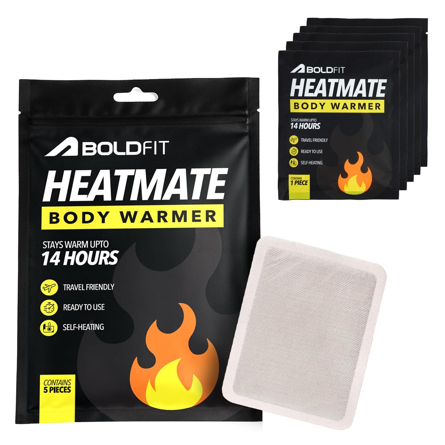Boldfit Body Warmer Natural Heat Pad (Pack of 5), Body Warmer Patch for Men Top, Women & Kids, 14 Hours Warmth for Winter Holidays, Camping, Trekking & Outdoors, Disposable Air-Activated Heat Pouch
