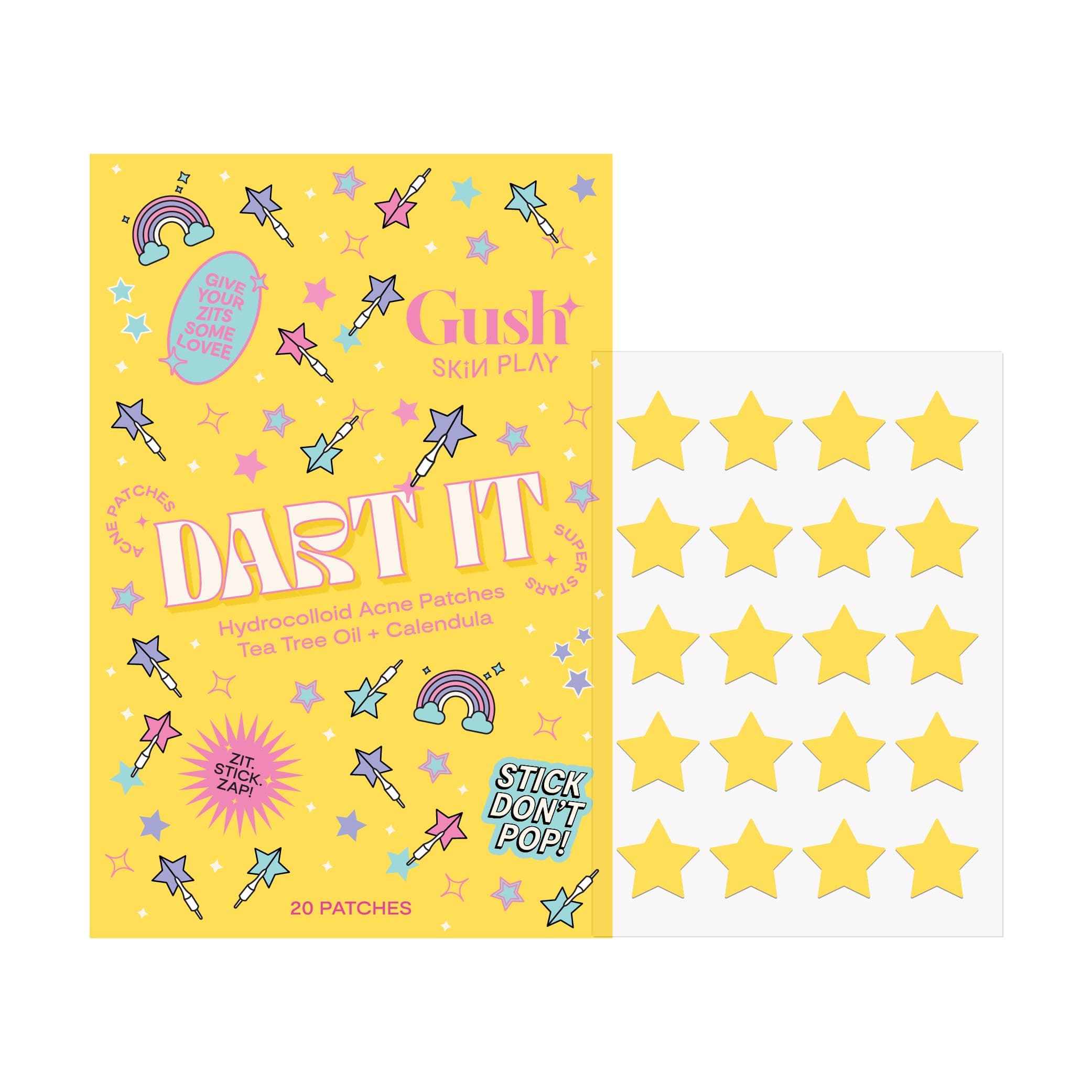 Gush Beauty Dart It Pimple Patches - 20 Yellow Star Shaped Hydrocolloid Acne Patches with Tea Tree Oil - Pimple Patch for Active Acne & Spot Treatment - Fashionable Acne Star Stickers, Waterproof & Makeup Compatible