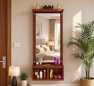 Wall Mounted Dressing Table with Mirror & Storage Shelf, Wooden Vanity Mirror Cabinet for Bedroom, Bathroom, Entryway, Makeup Organizer Unit, Rustic Brown Finish