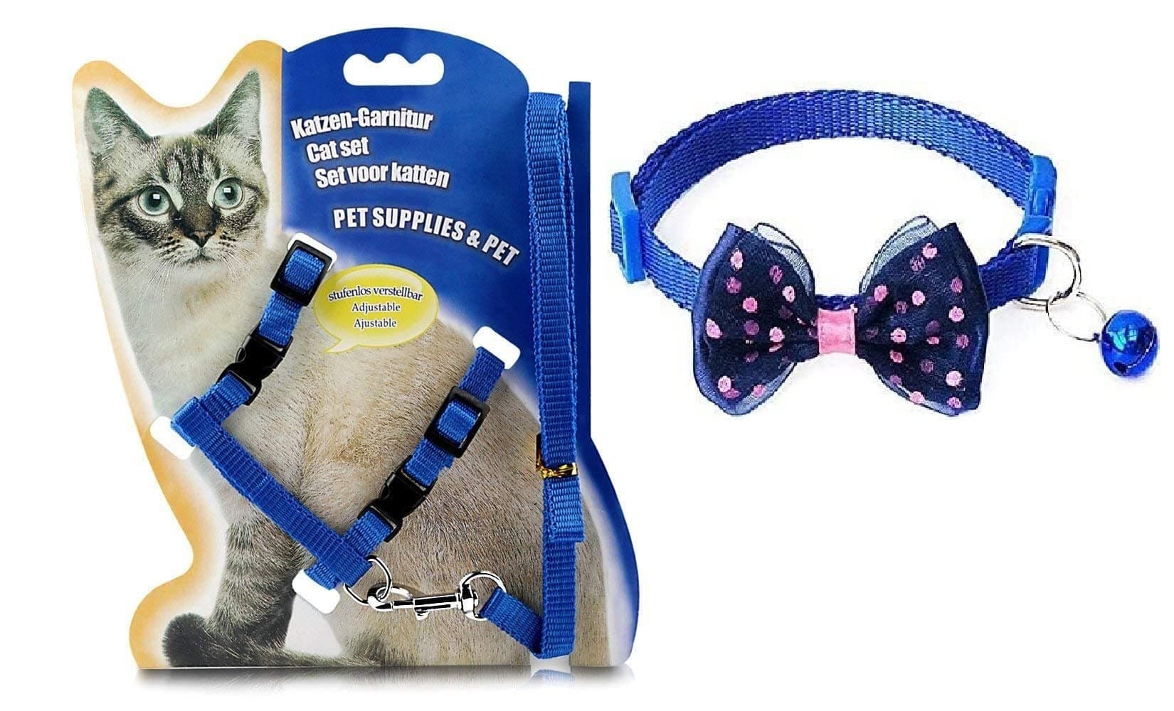 Woofy 1Pc Cat Collars with Bow Tie and Bell 1Pc Cat Body Harness Leash Nylon Set 10mm Adjustable Puppy Kitten Or Certain Puppies Necktie Collar, Pack of 2 (Blue)